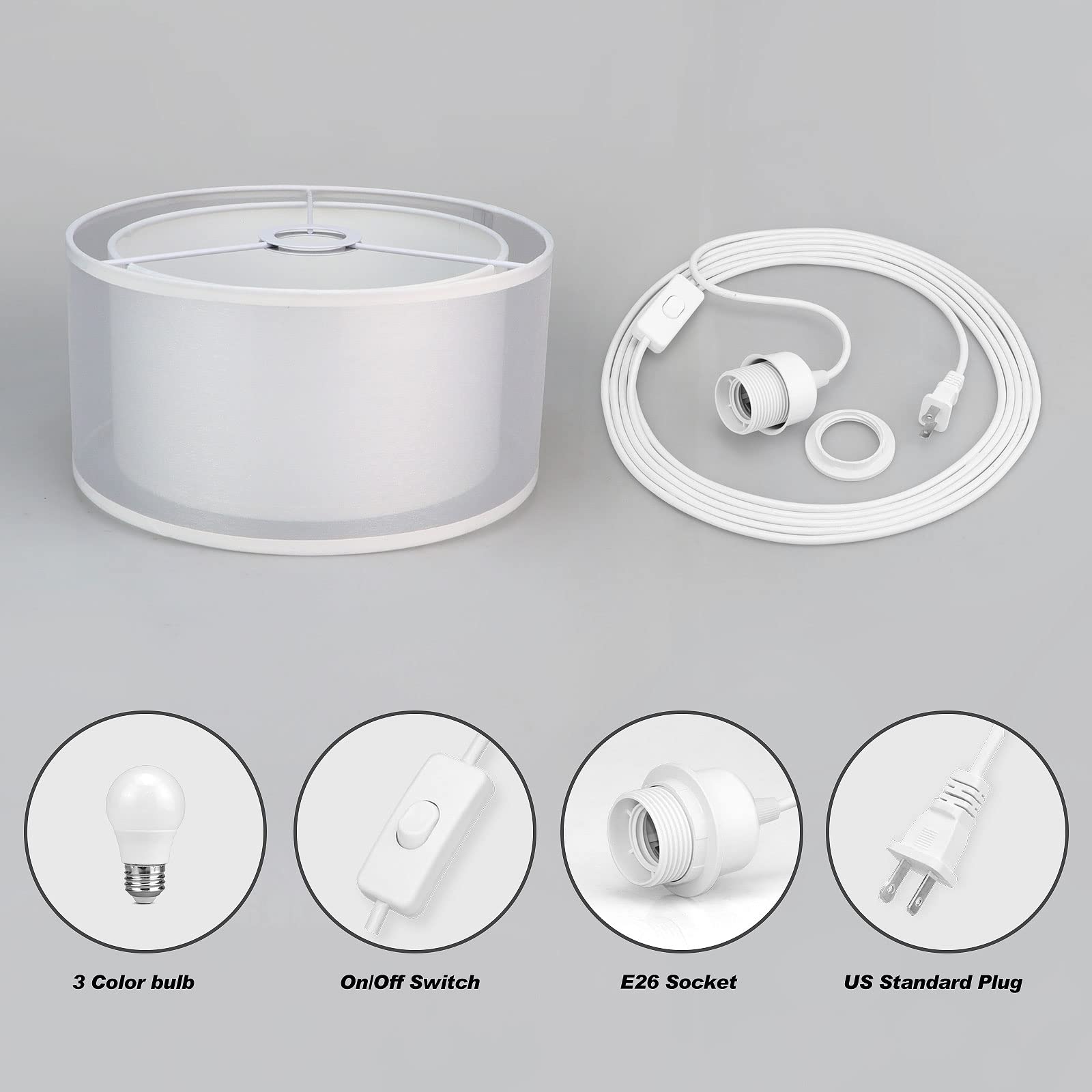 Plug In Pendant Light, 15Ft White Cord Hanging Lights With Plug In Cord, Hanging Light With On/Off Switch, Double Linen Shade Fabric Design, Pendant Llight Fixture For Bedroom Living Room Restaurant
