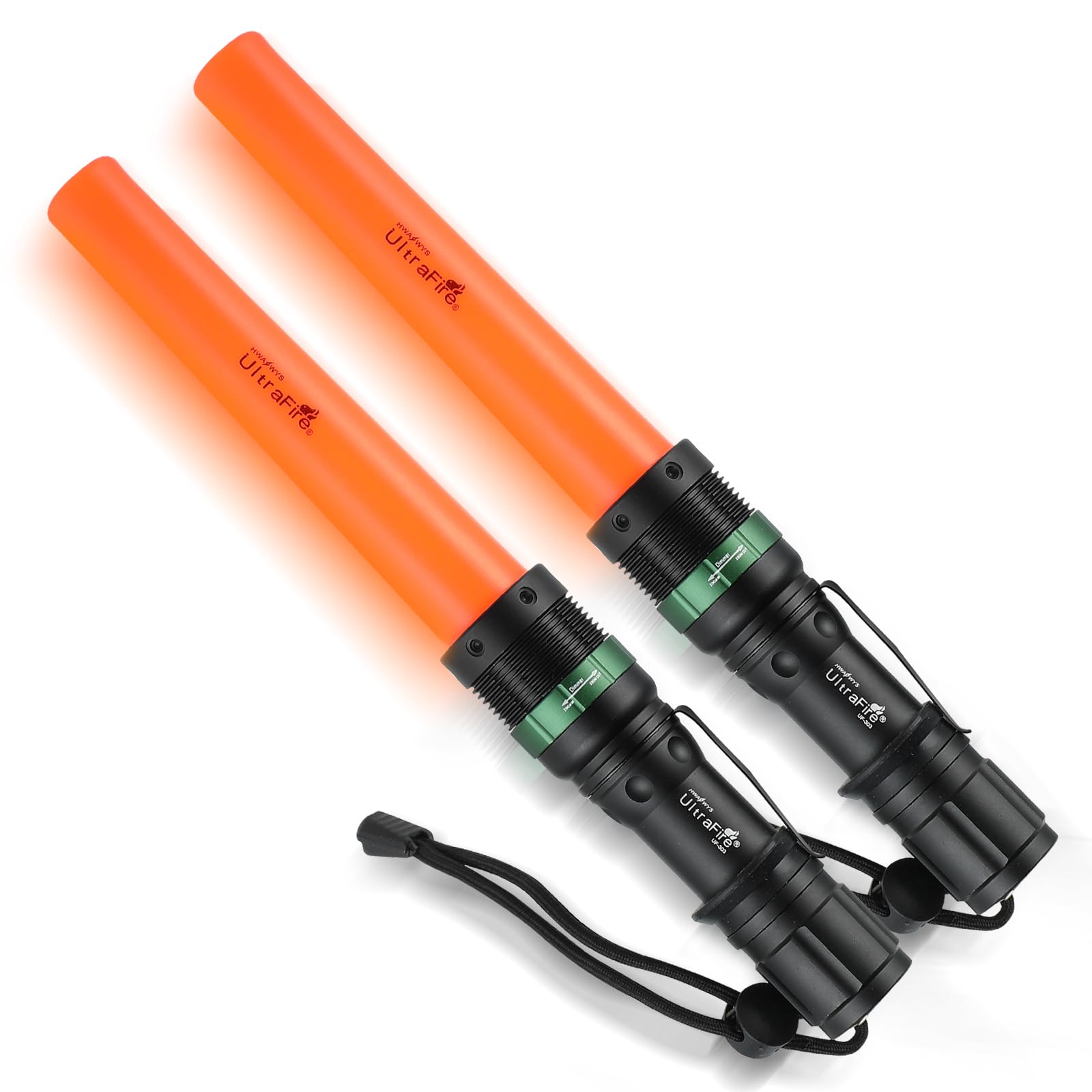 ULTRAFIRE 2pc 11-Inch Signal Traffic Wand Safty LED Flashlight 250 Lumen, Red Flashing Mode, Wrist Strap Lanyard, Side Clip, Ora