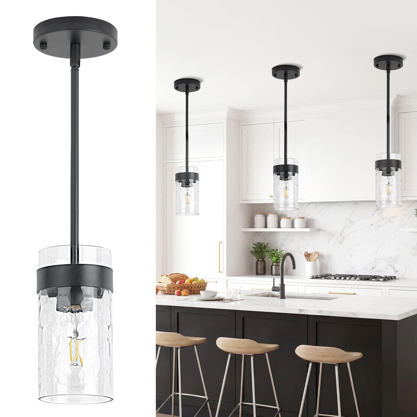 ElilyGiA Water Ripple Glass Pendant Lights Kitchen Island Black Pendant Light Fixtures Adjustable Modern Mini Hanging Light for 