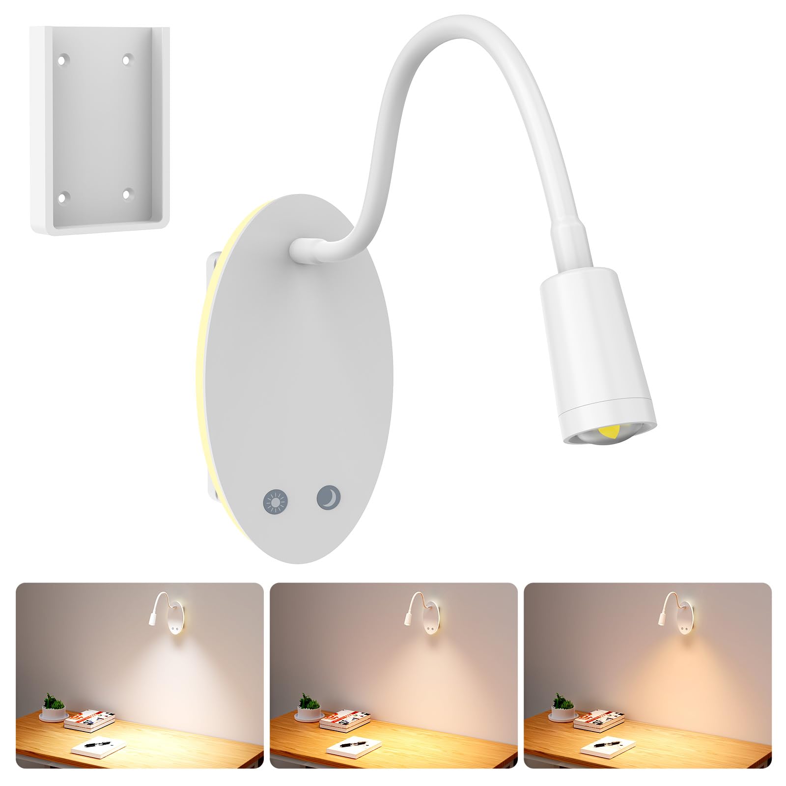 Jowbeam Rechargeable Cordless Reading Light, 360 Adjustable Bedside Lamp, 3 Color Stepless Dimming Night Light, 40H Runtime with