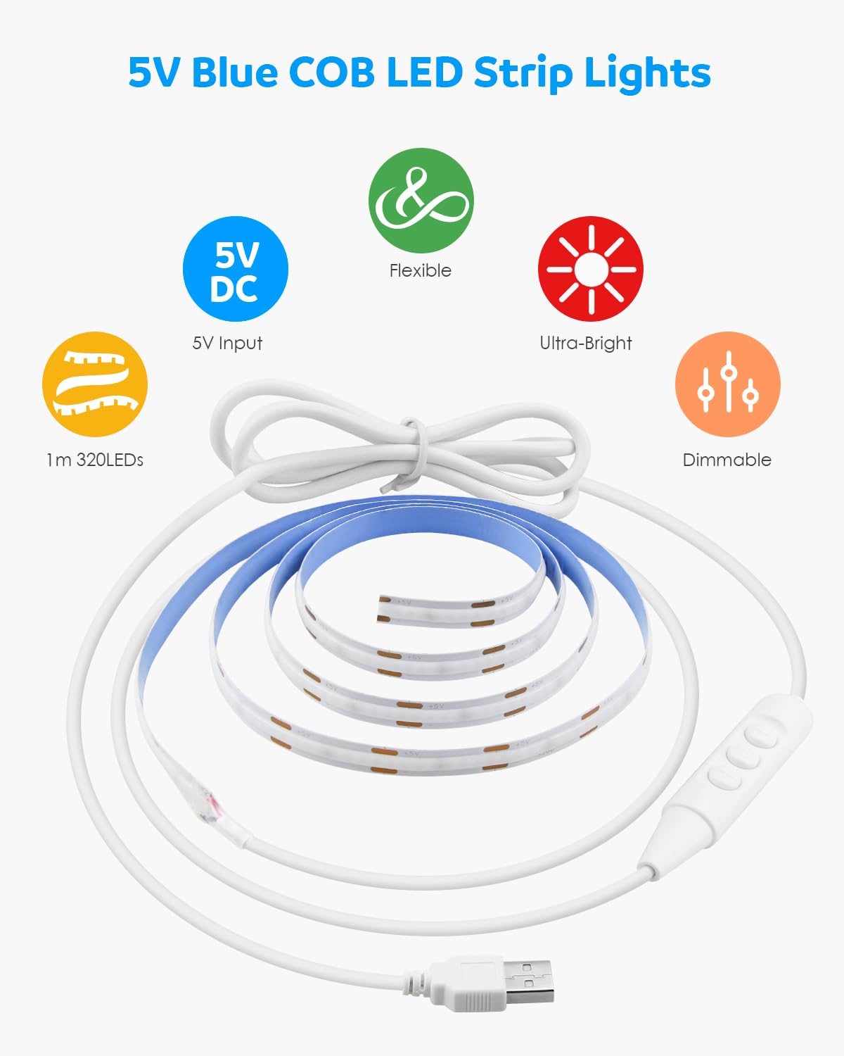Aclorol Cob Led Strip Light 5V Usb 1M/3.28Ft Dimmable Blue Led Strip Lights Flexible Led Tape Light With 8Mm Width High Brightne