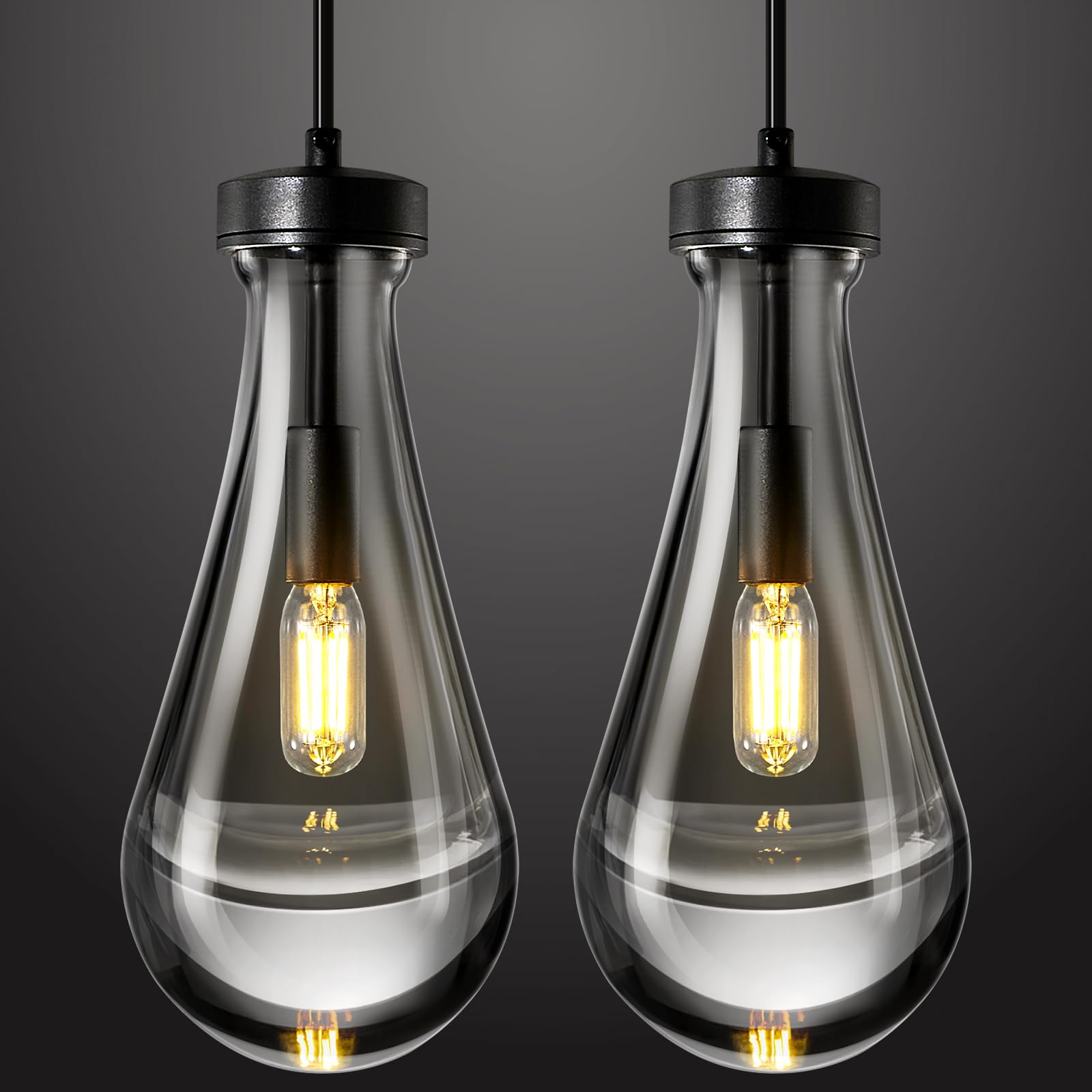 LIANGMH Raindrop Pendant Lights Kitchen Island Set of 2 Teardrop Black Hanging Light Fixtures Clear Solid Glass Pendant Light Mo