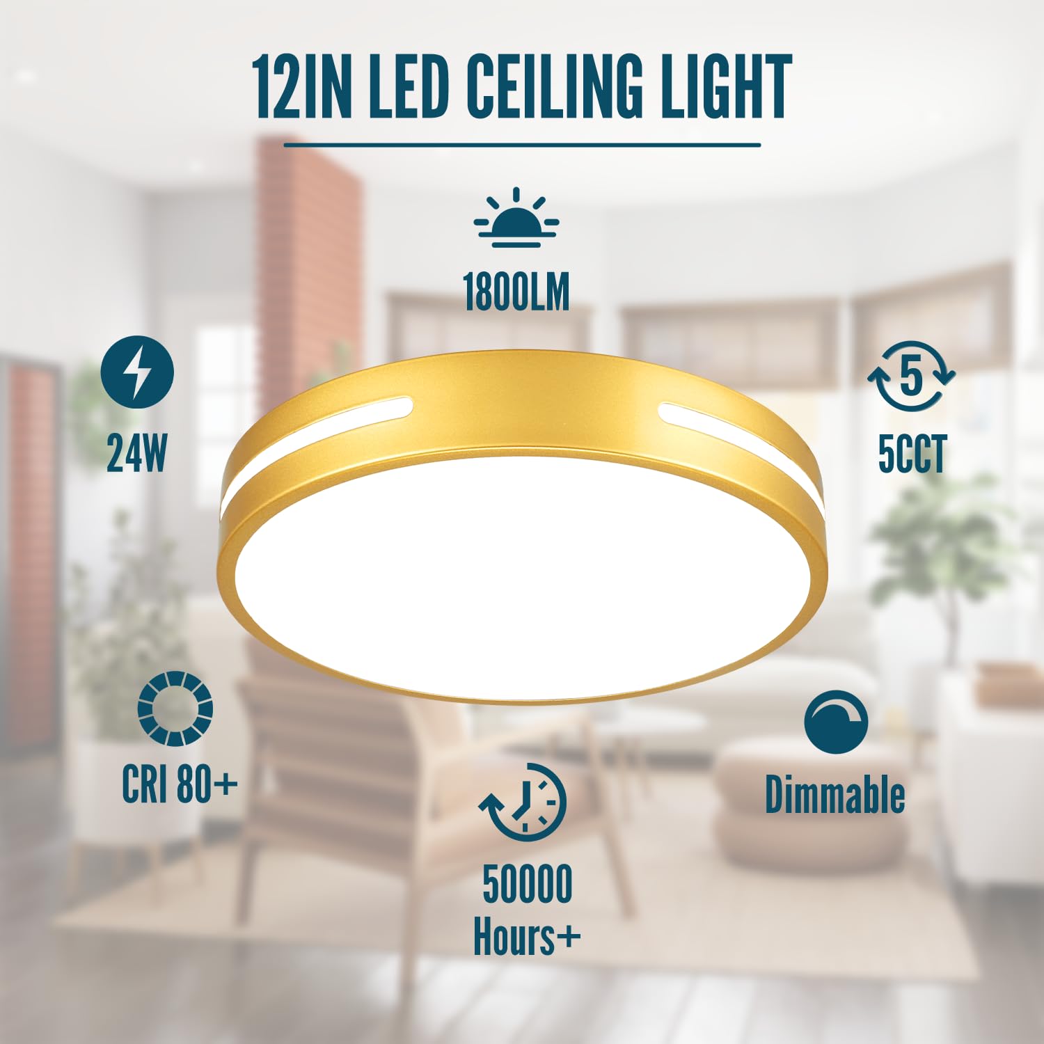 Wheatronic Gold LED Ceiling Light Fixture, 12" 24W Flush Mount, Metal, C1 Model, Perfect for Bathroom, Bedroom, Hallway