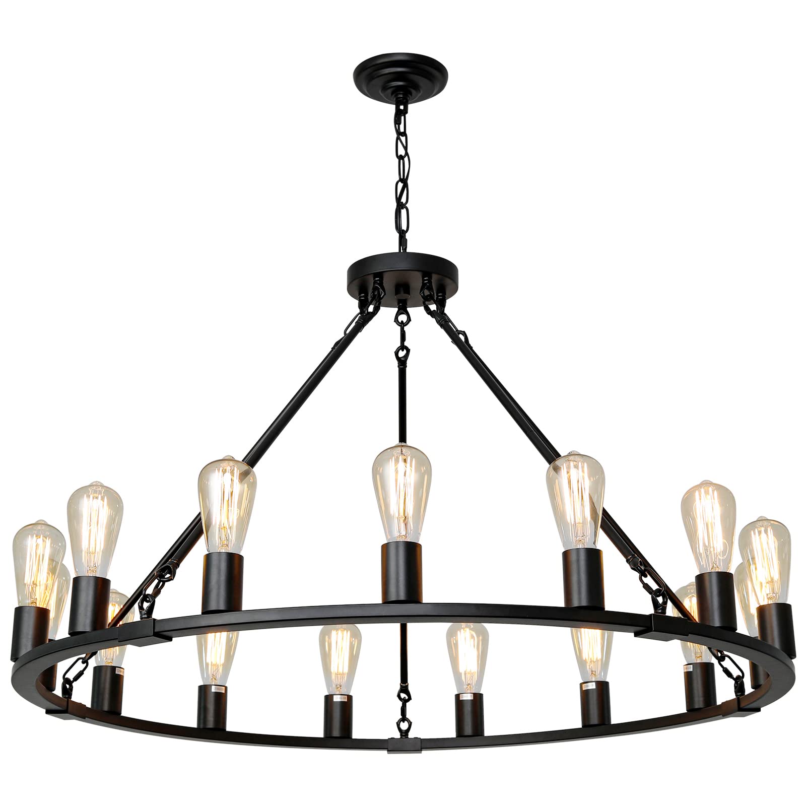 Senyshilon 15-Light Black Wagon Wheel Chandelier For Dining Room, 40'' Industrial Light Fixture