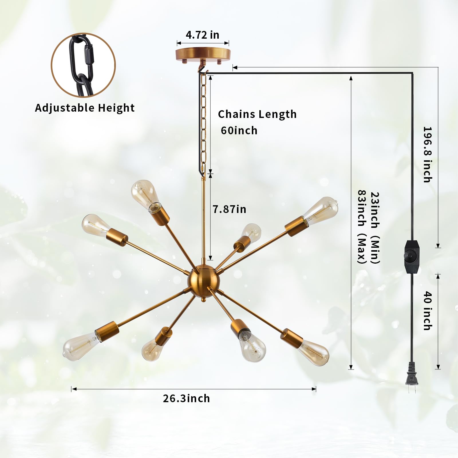 Hoxiya 26.3&quot; Gold Dimmable Plug-In Chandelier, 8-Light Modern Sputnik Pendant Light