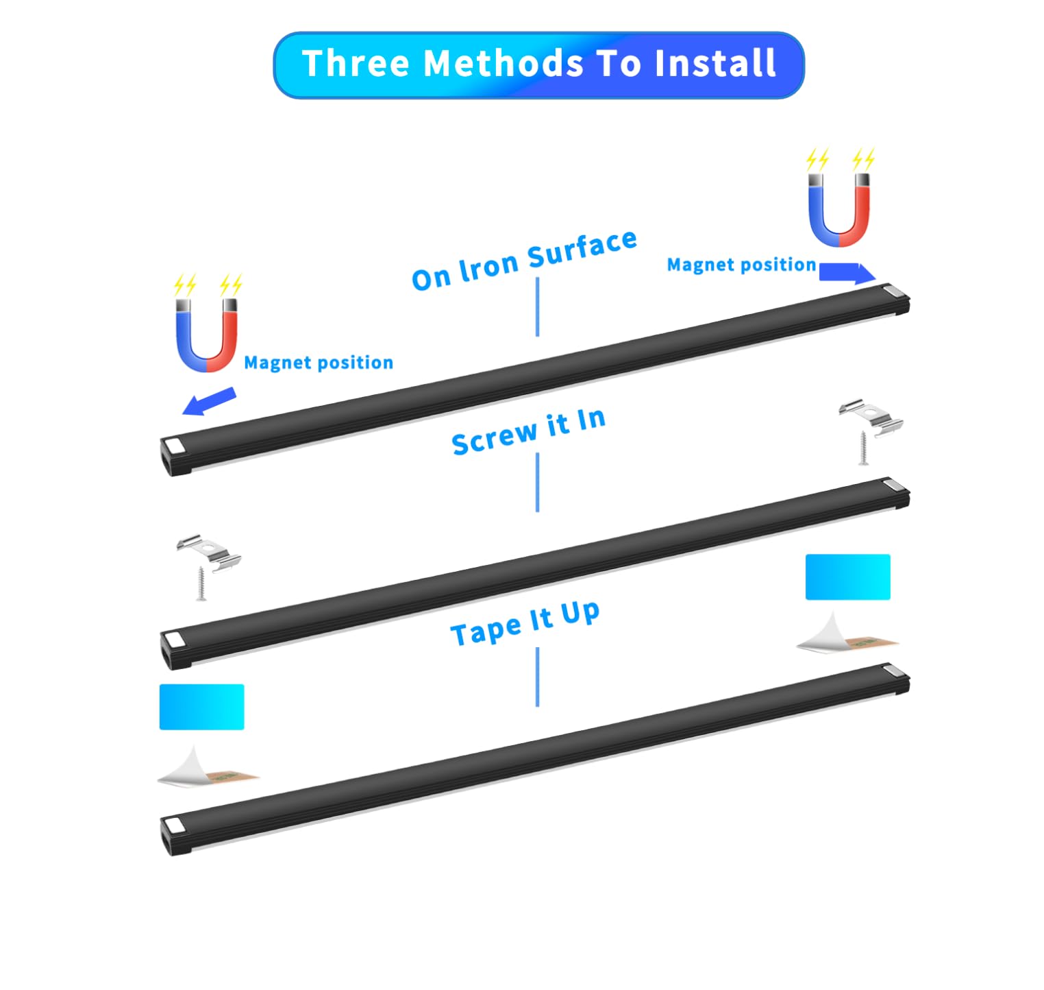 THLIFURE Black Plug-in Under Cabinet LED Light Bar with Motion Sensor, Dimmable, 1ft, Remote Control, Plastic, 3 Pack