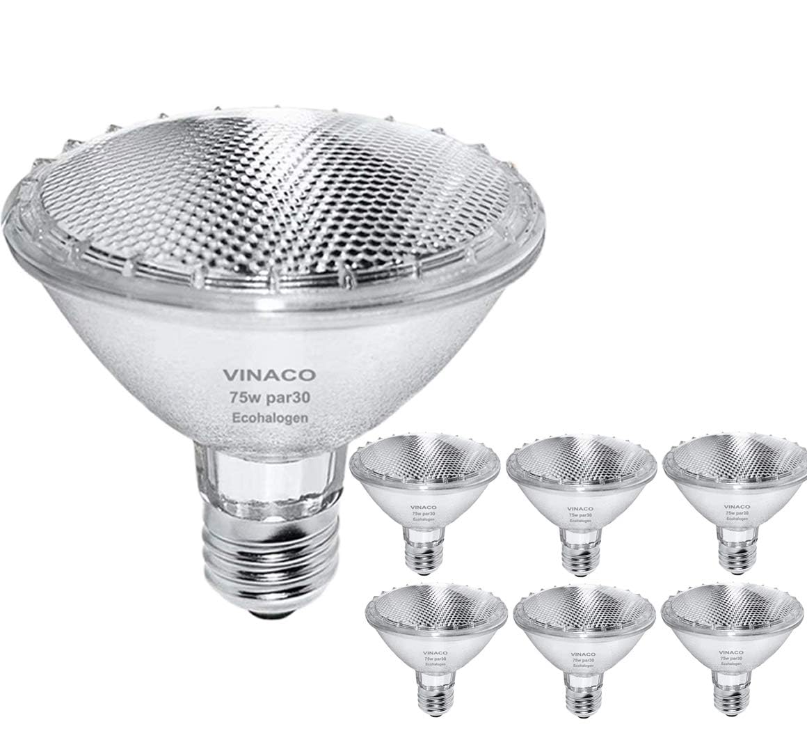 Vinaco Par30 Short Neck, 6Pcs Par30 75W 120V Light Bulbs, Dimmable. Premium Quality For Long Lasting Life, E26 Base, 3000K Warm 