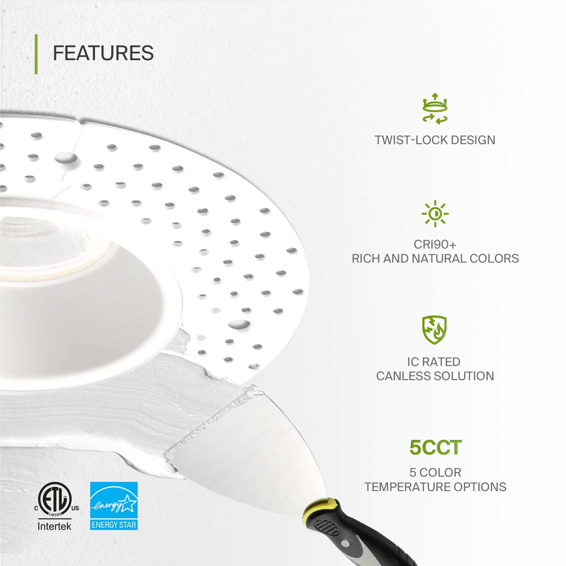 ASD Trimless LED Recessed Lighting 15W 4 Inch Canless Dimmable Downlight, 5 CCT 2700K-5000K, IC Rated, White,