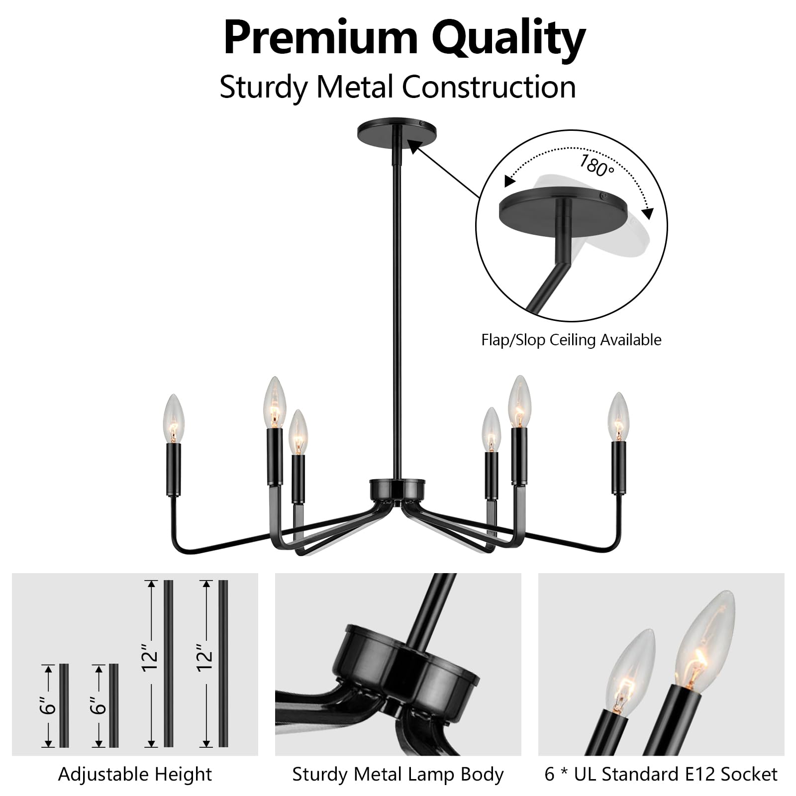 Acaner Black Chandelier For Dining Room, 6-Light Farmhouse Kitchen Light Fixtures Over Table, 26'' Rustic Candle Chandelier For