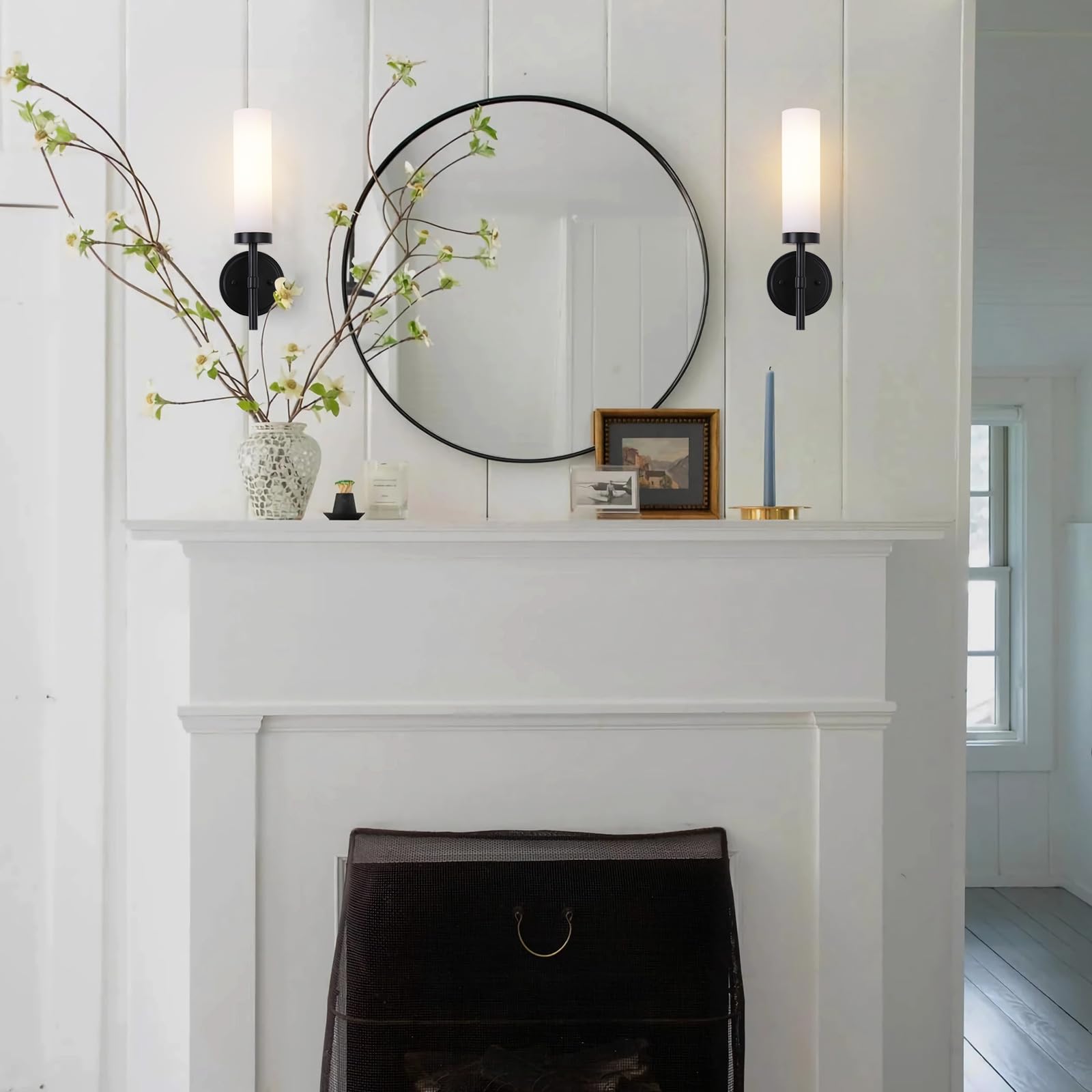 SANTOSTOCK Black Wall Sconces Set of 2, Modern Metal Lighting with Opal Glass Shade, Hardwired for Living Room, Bedroom, Hallway