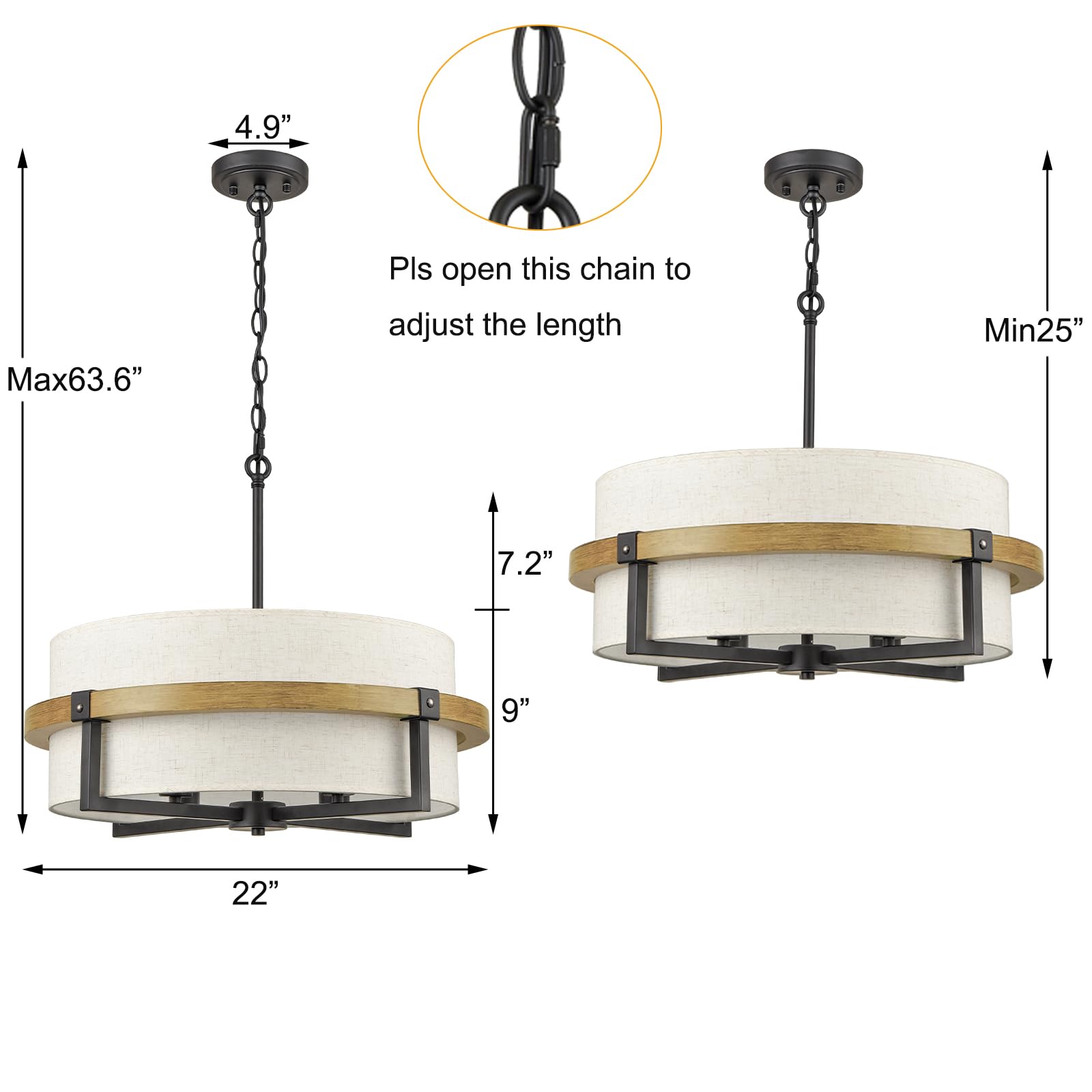 AXILAND Rustic Drum Chandelier 4-Light Off-White Linen Shade T5241-4DU, White