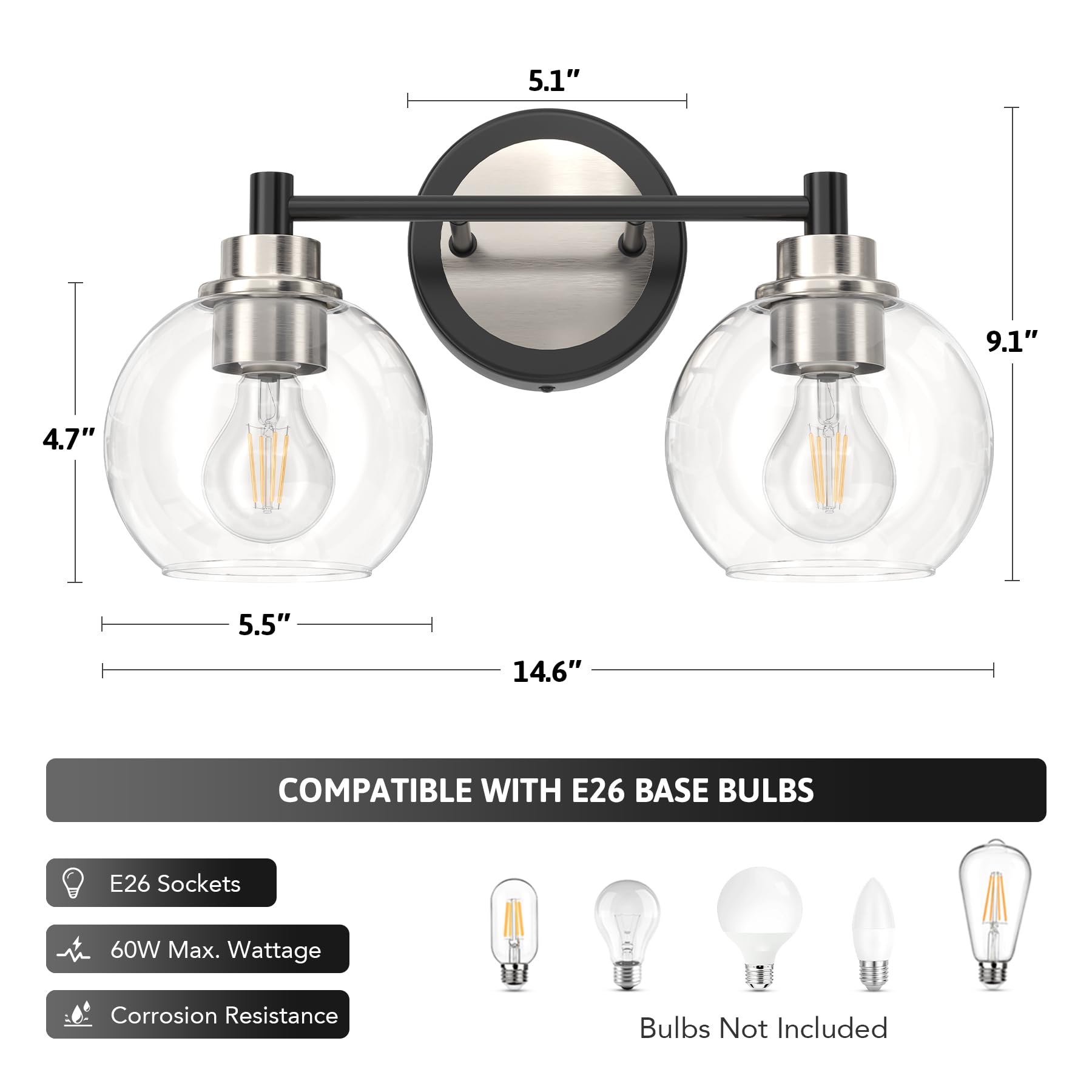 Vonluce Bathroom Light Fixtures, 2-Light Bathroom Vanity Light With Globe Glass Shades E26 Sockets, Bathroom Lights Over Mirror