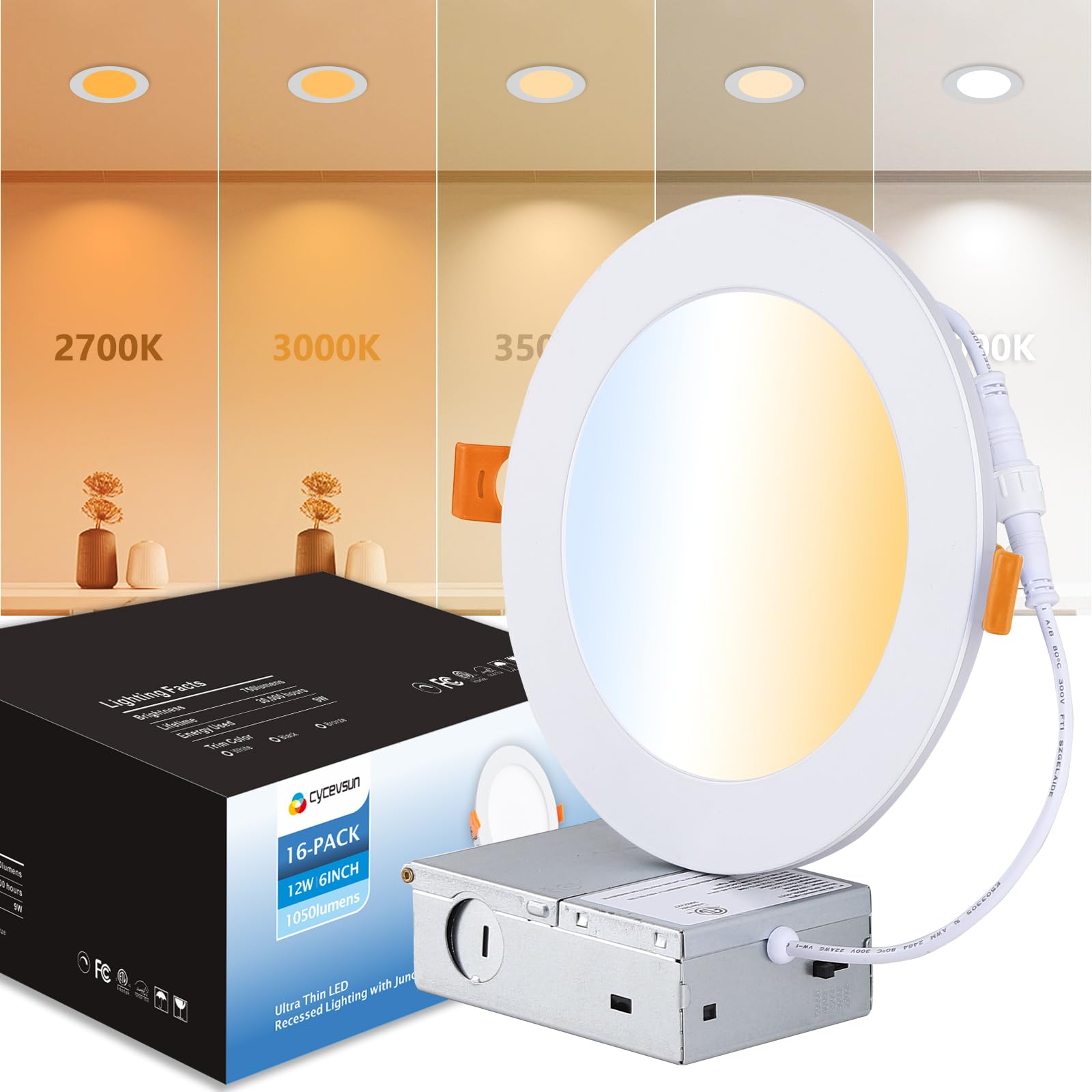 Cycevsun Recessed Lighting 6 Inch 16 Pack, Canless Ultra Thin Wafer Downlight Soffit Pot Light With Junction Box, Dimmable & 5 Color Temperature Selectable, 12W, 120Vac, Etl & Energy Star