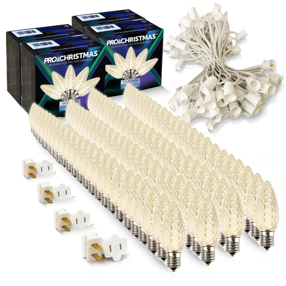 Pro Christmas C9 LED Christmas Light Kit for Rooflines & Pathways - DIY Cut to Length  Outdoor Commercial Grade (White Wire w/Vampire Plugs  100 Bulbs  100 ft) Warm White