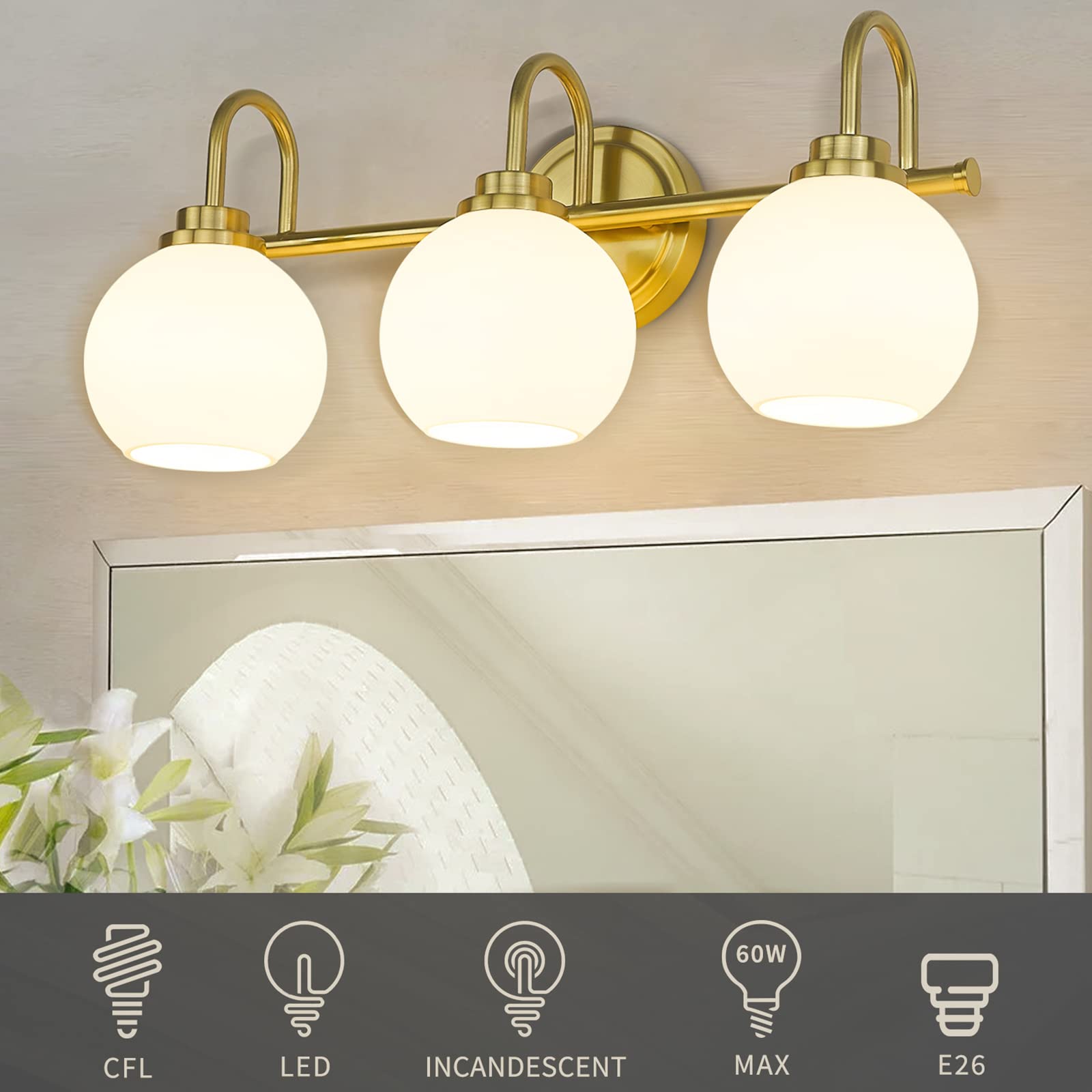 Akezon Gold Bathroom Light Fixtures, 3 Light Gold Modern Bathroom Light Fixtures Over Mirror With White Milk White Globe Glass Shade For Bathroom