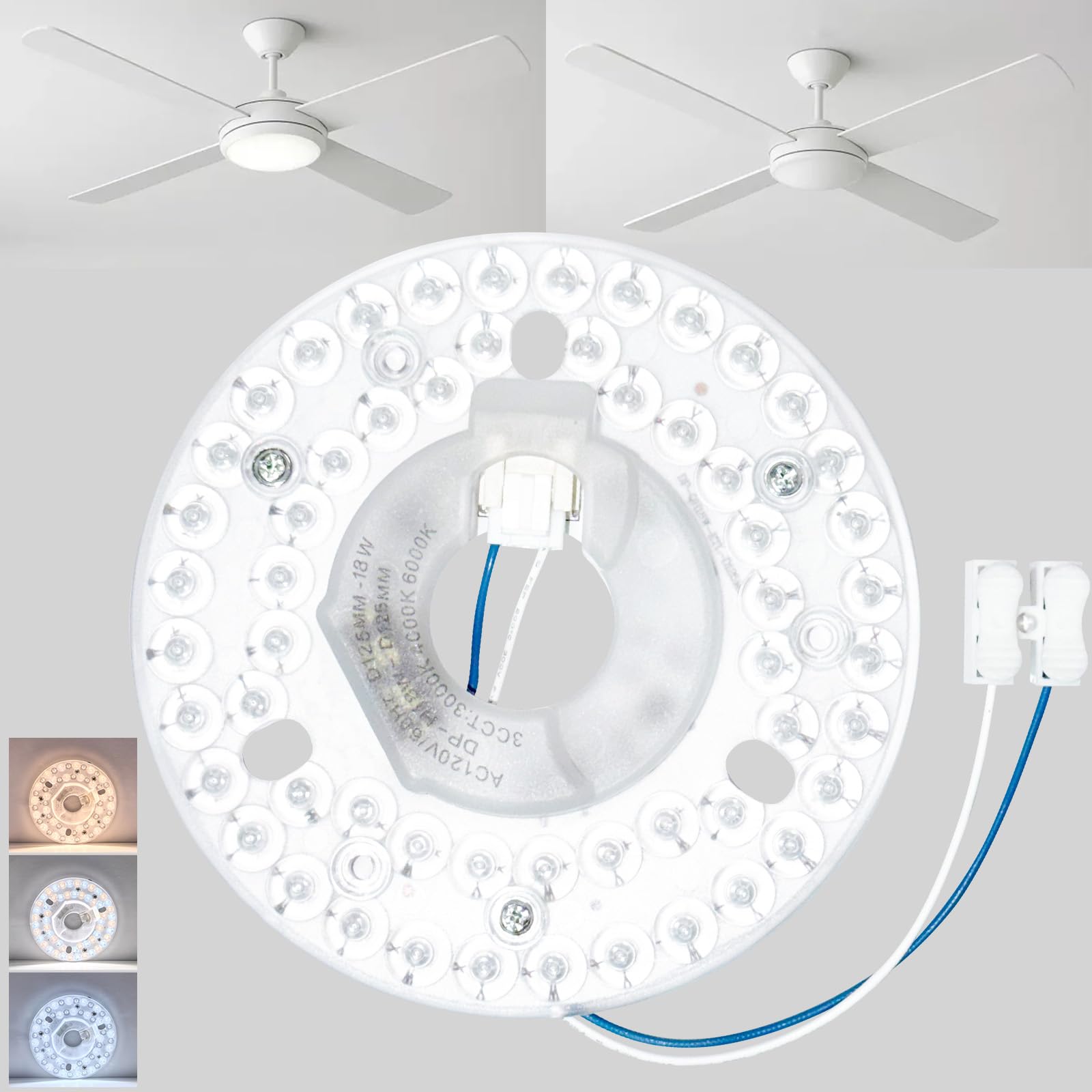 4.92 Ceiling Fan LED Light Board Replacement Upgrade Retrofit Kit Bright Dimmable 120V 18W 3CCT 3000K 4000K 6000K Daylight 1800L