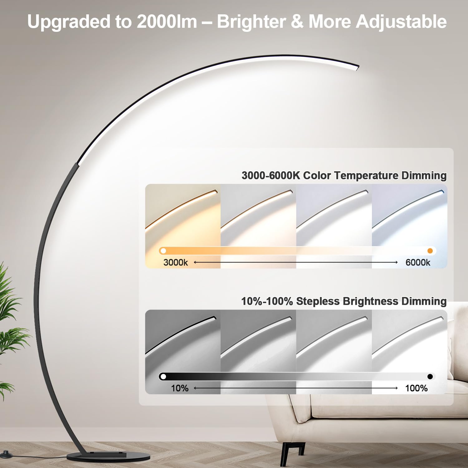 ?Upgraded?Dimmable Floor Lamp With 3 Color Temperatures, Ultra Bright 2000Lm Arc Floor Lamps For Living Room, Modern Standing Ta
