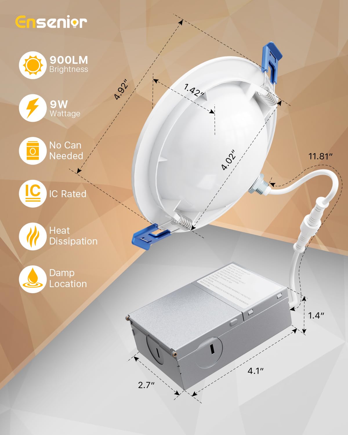 Ensenior 4 Inch Gimbal LED Recessed Light, 90° Adjustable, Dimmable, 900LM, 4 Pack, FCC Certified, 2700K-5000