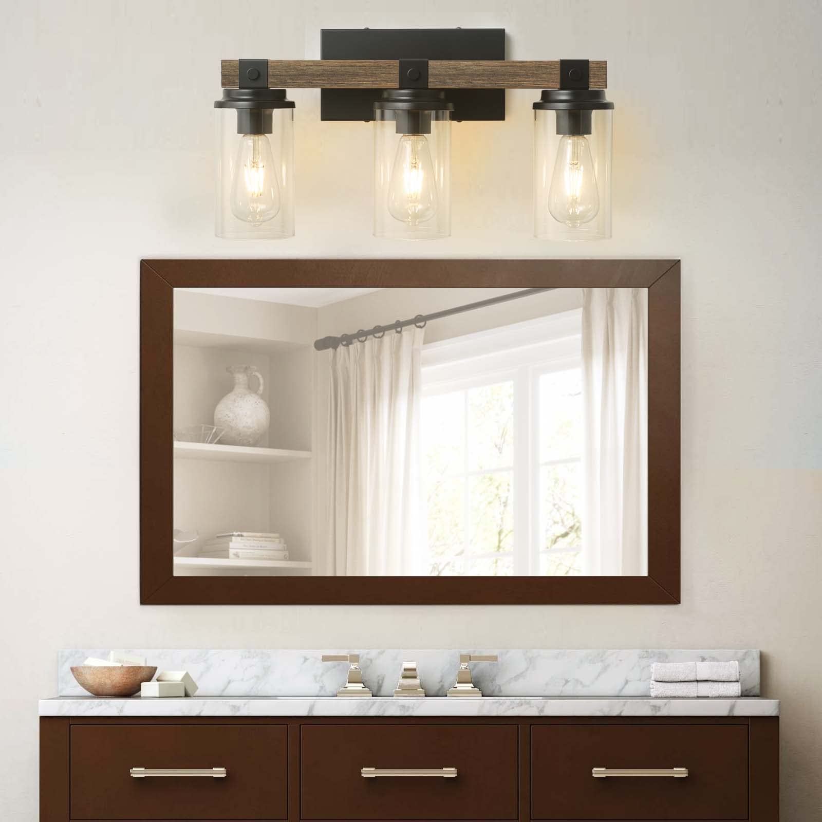 Goyeel 3-Light Bathroom Vanity Light, Rustic Wooden Farmhouse Sconces For Mirror, Matte Black