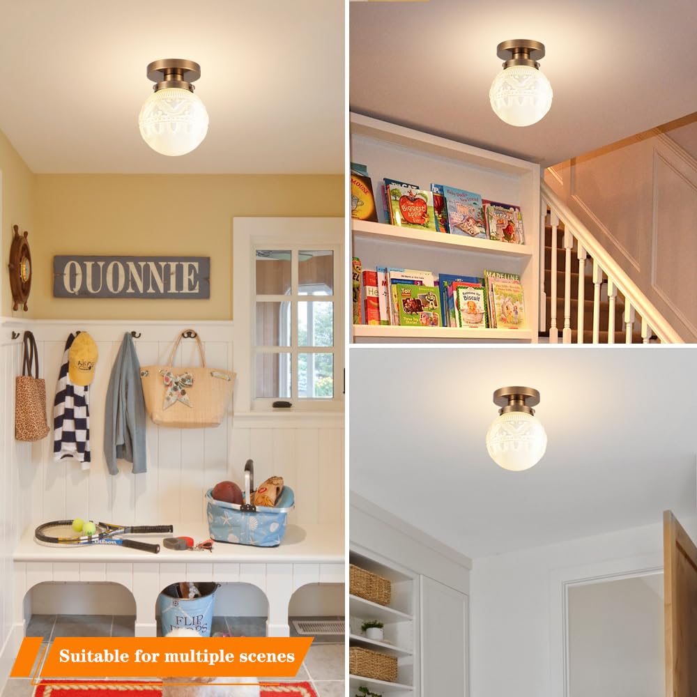 Daunton Semi Flush Mount Ceiling Light, Modern Globe Milk Glass Ceiling Light Fixture, Vintage Small Brass Gold Hallway Light Fi