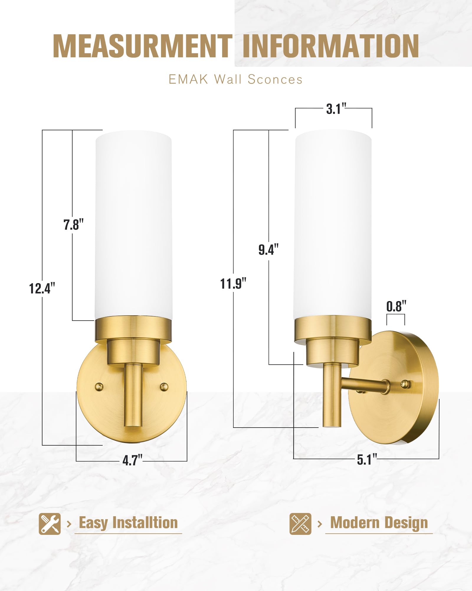 Emak Modern Brushed Gold Wall Sconces Set of 2, 13" Milk Glass Shade Lighting, Model WS085-BGD-ML-2PK for Bathroom & Hallway