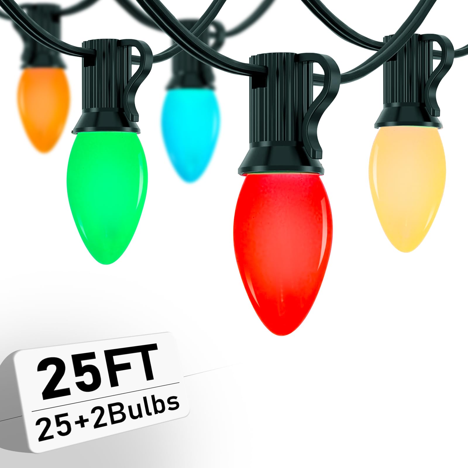 25Ft Multicolor Christmas Lights Outdoor  C7 Vintage String Lights With 25 Red Green White Ceramic Incandescent Bulbs  Hanging Patio Lights For Porch Roofline Xmas Tree Garden Pathway Indoor Decor