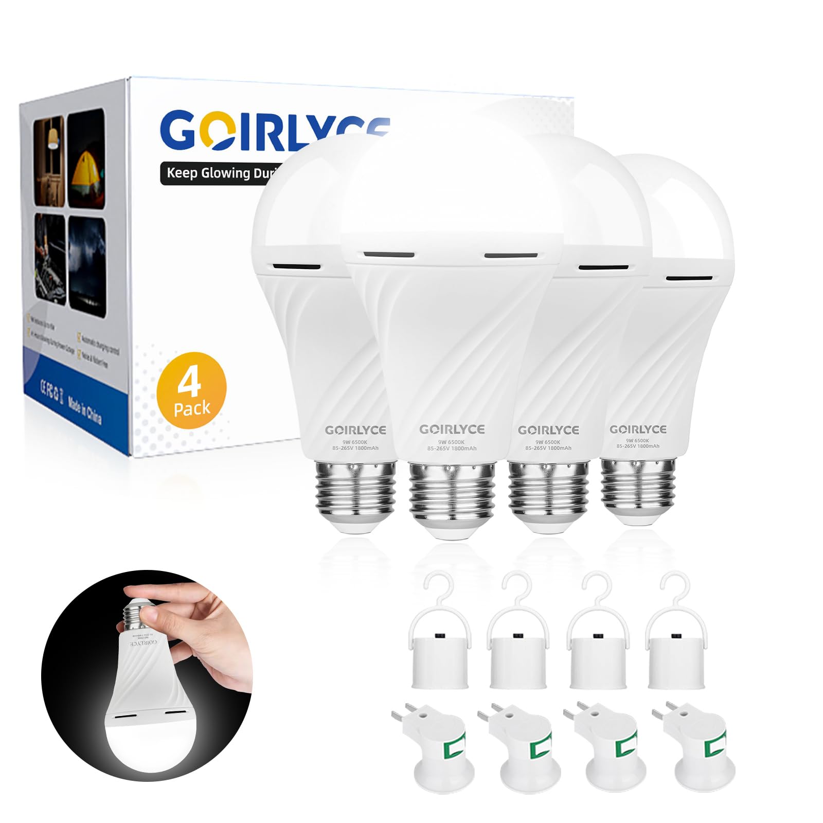 Rechargeable Emergency Light Bulbs, 4 Pack Battery Powered LED Light Bulb with 9W Daylight E27 6500K 1800mAh, Equivalent Self-Ch