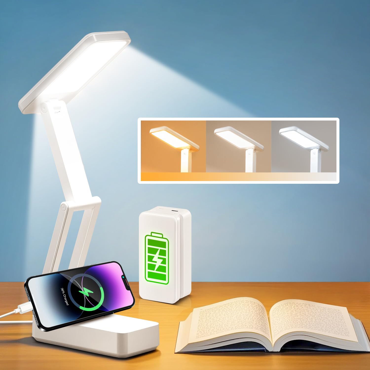 Coolnight Small Desk Lamp, 6000 Mah Rechargeable Desk Lamps, 3 Colors & 15 Brightness Portable Light With Usb Charger, Nail Lamp