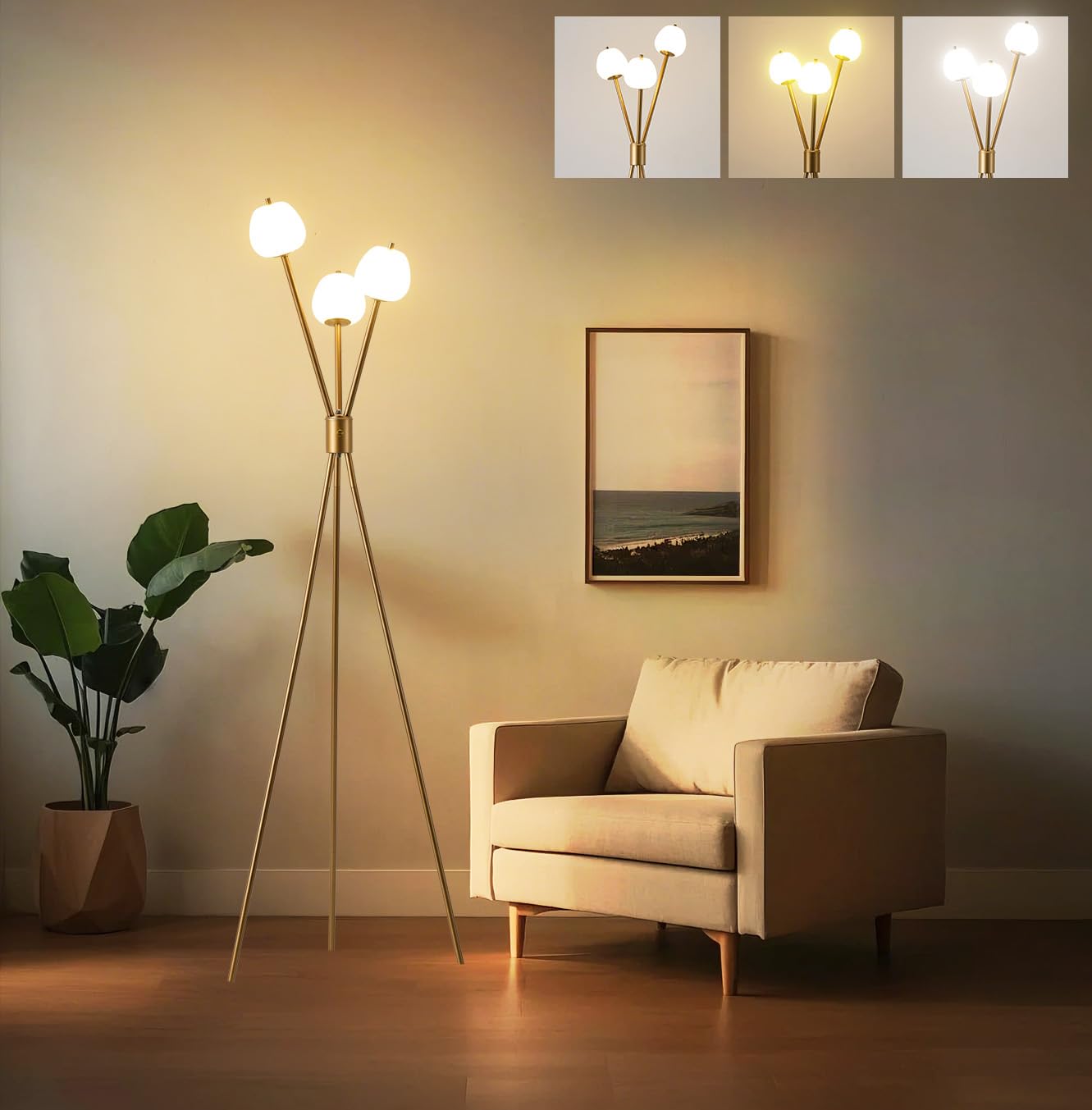 Fiqevs Dimmable Tripod Floor Lamp for Living Room, Globe Mid Century Modern Floor Lamp with 3 Sphere Frosted Ball and LED Bulbs 