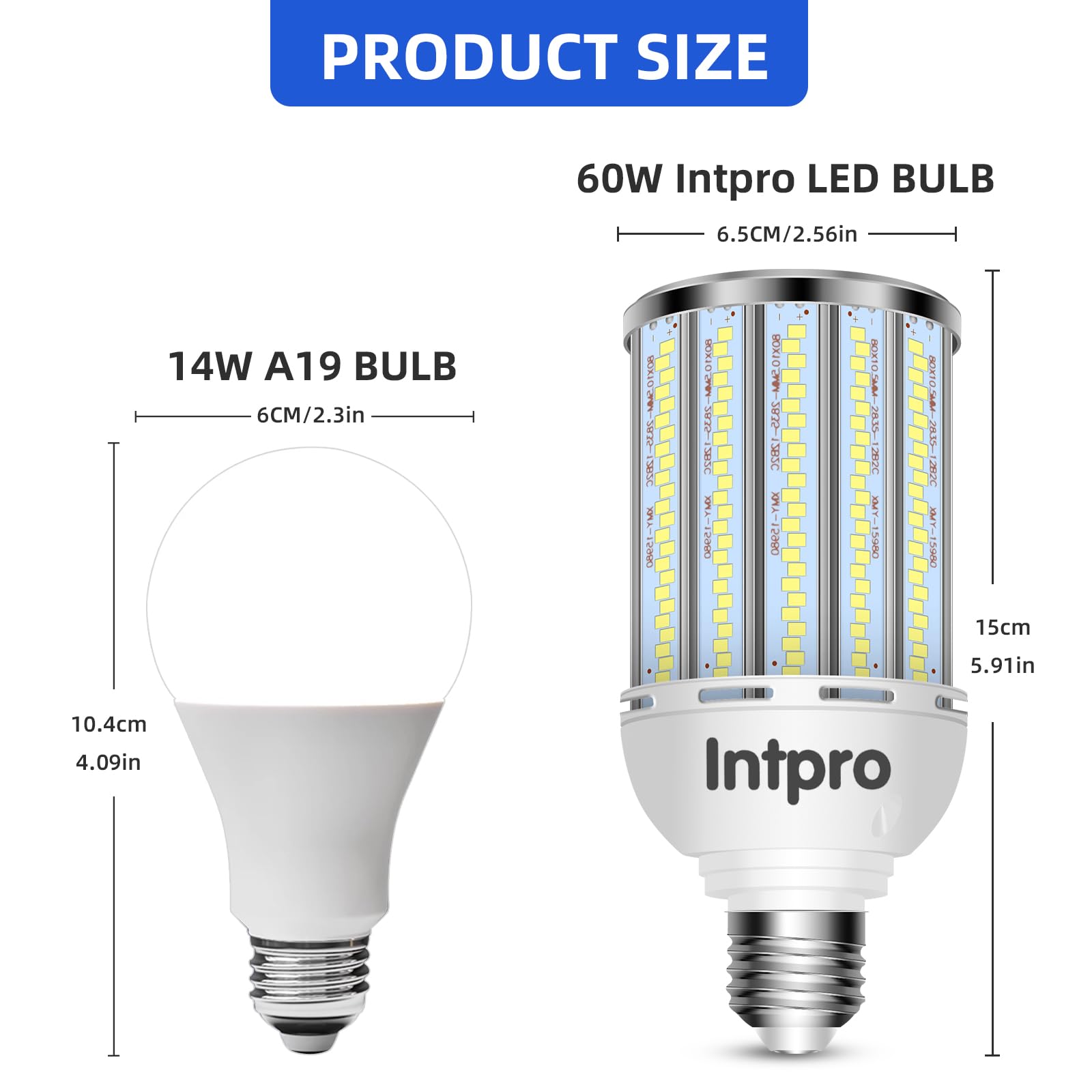 Intpro Led Corn Light Bulb Led Light Bulb 550W Equivalent 7500 Lumen 6500K 60W Large Area Cool Daylight White E26/E27 Base For O