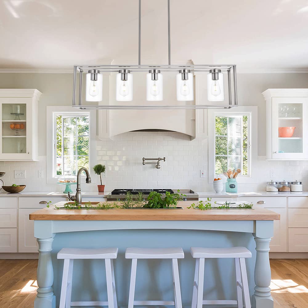 VINLUZ 5 Light Contemporary Chandeliers Brushed Nickel Metal Kitchen Island Pendant Light with Glass Shade, Model 1811-5-SN