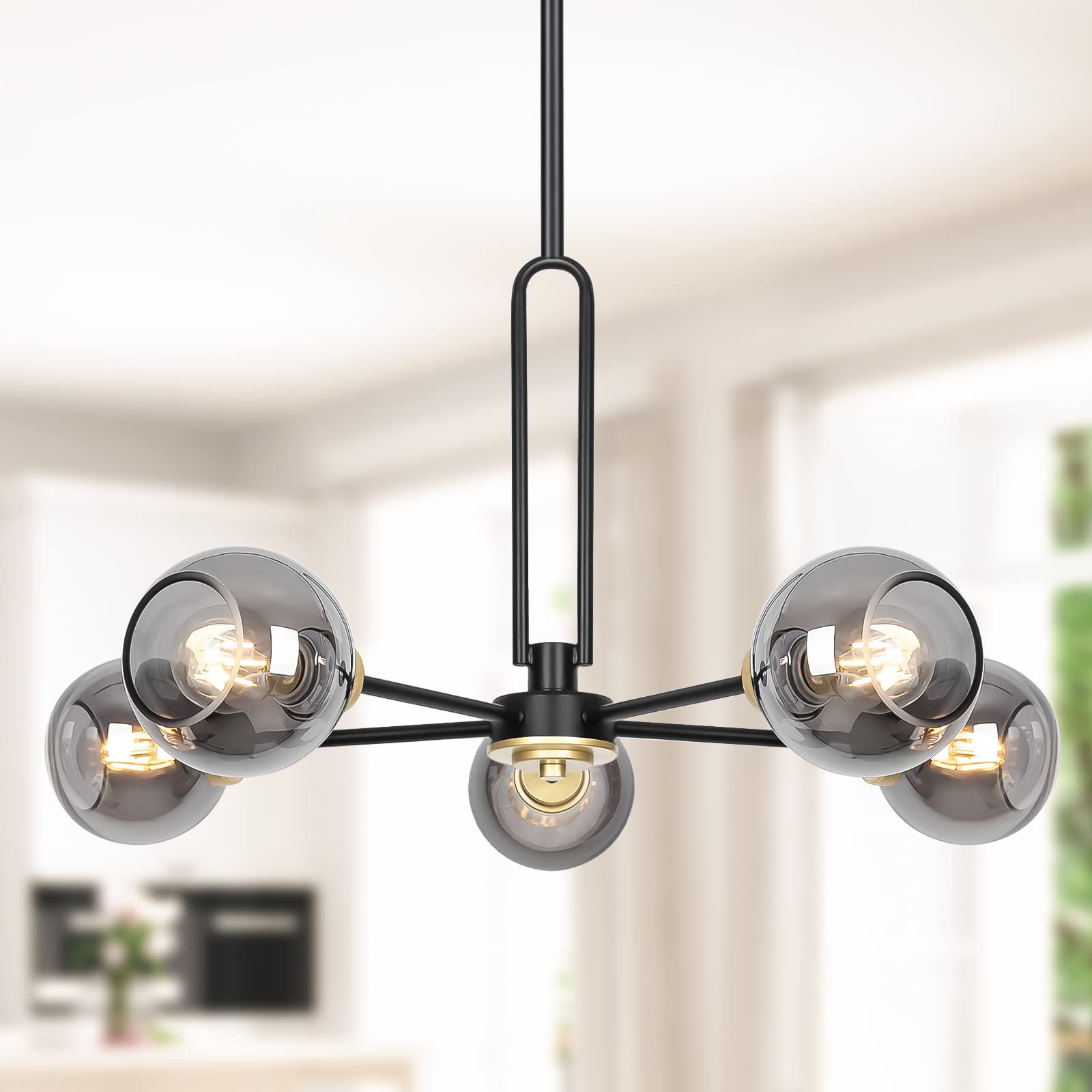 5-Light Globe Chandelier Pendant Lighting - Modern Large Semi-Flush Ceiling Light Fixture with Smoked Glass, Black Dining Room L