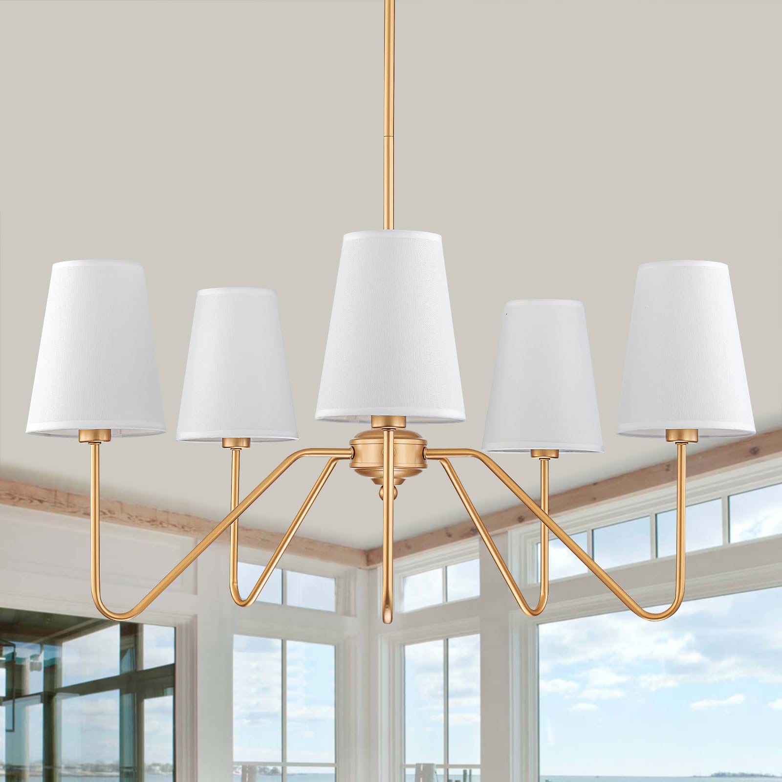 Fiyueoyi Brass Gold Chandeliers For Dining Room, 5-Light Modern Pendant Light Fixture Over Table With White Shade Farmhouse Lighting Fixtures For Living Room Bedroom Hallway Height Adjustable