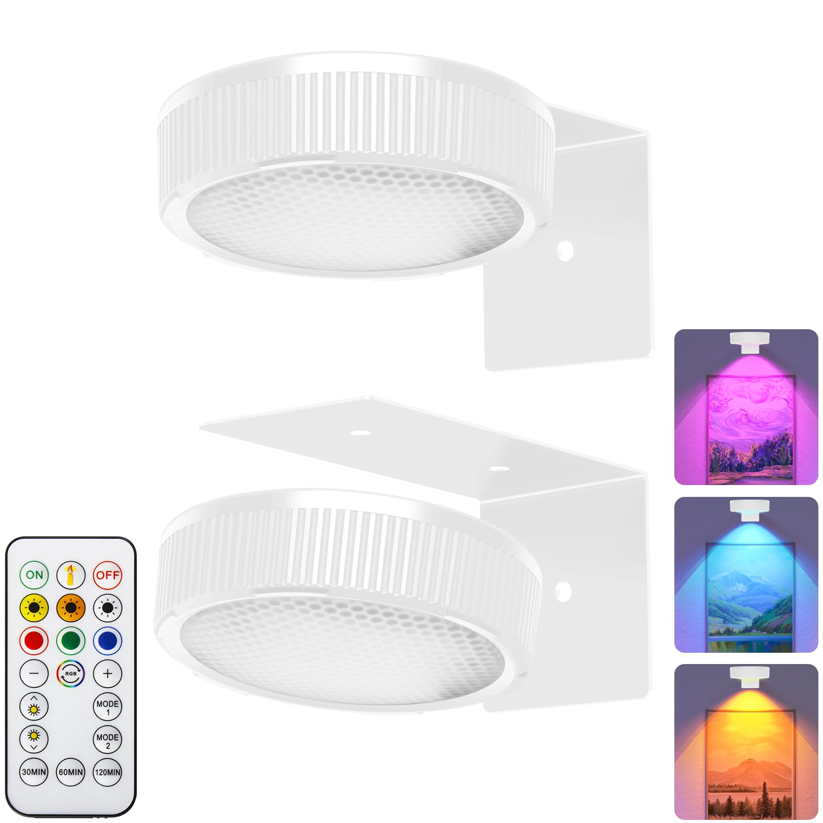 Sixdefly Rgb Magnetic Suction Spotlight - Battery-Powered  Wireless  Remote Control With Adjustable Timer For Art Displays And Galleries 2 Pack White