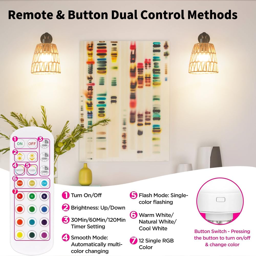 OIYIO Boho Rattan Wall Sconces Set of 2, Black, Battery Operated, RGB Colors, Rechargeable, 6.3in Wireless, Model DX23067W1