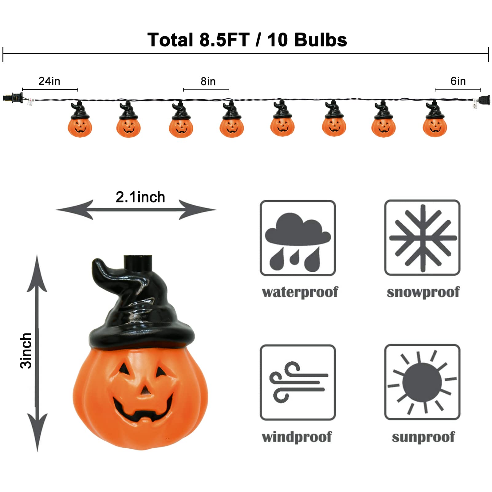 Abeja 8.5FT Pumpkin String Lights, Wizard Hat Design, Plastic Material, Outdoor Indoor Halloween Decorations