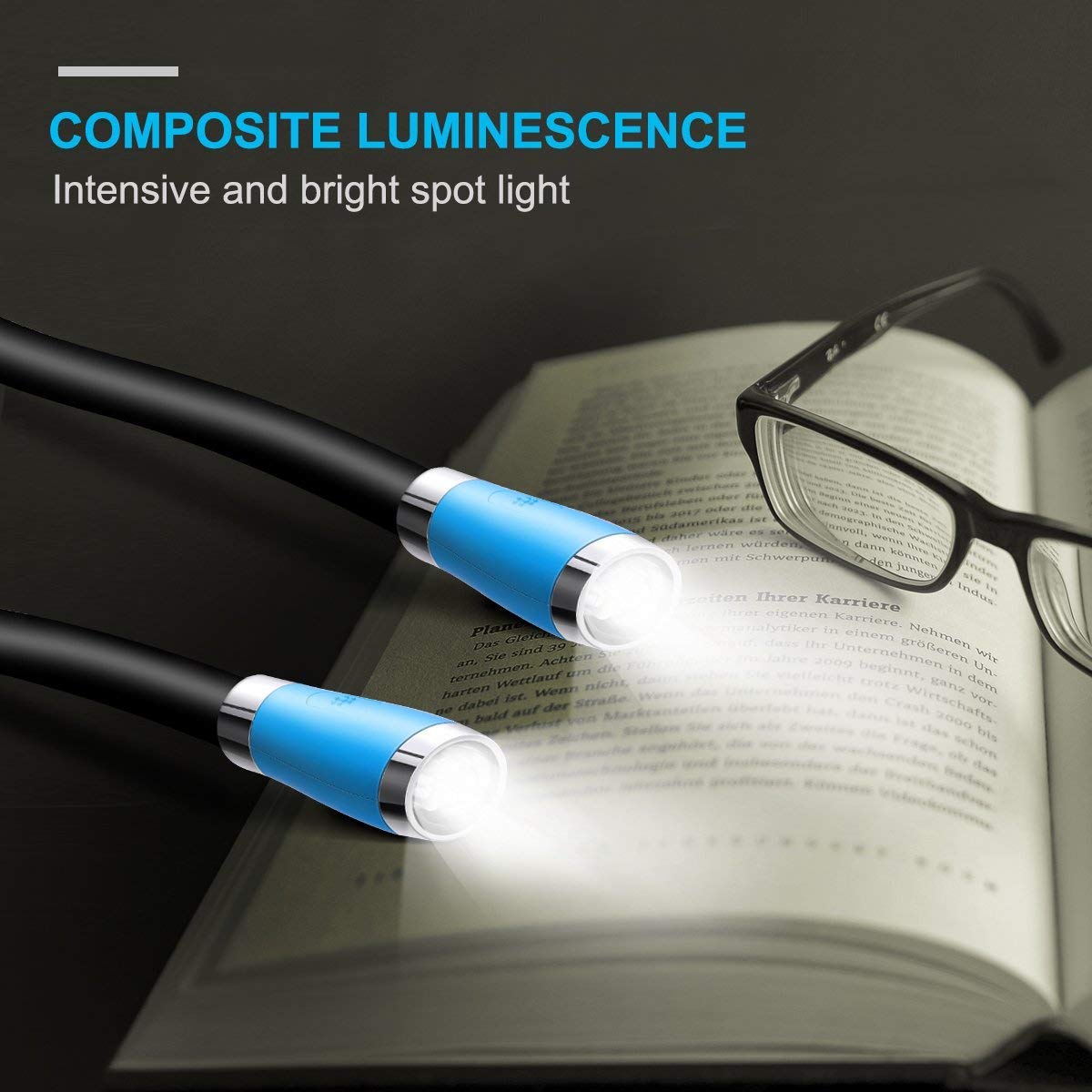 TSINGREE LED Neck Book Light, USB Rechargeable, 4 Bright LEDs, 3 Brightness Levels, Blue, Model QRNBL