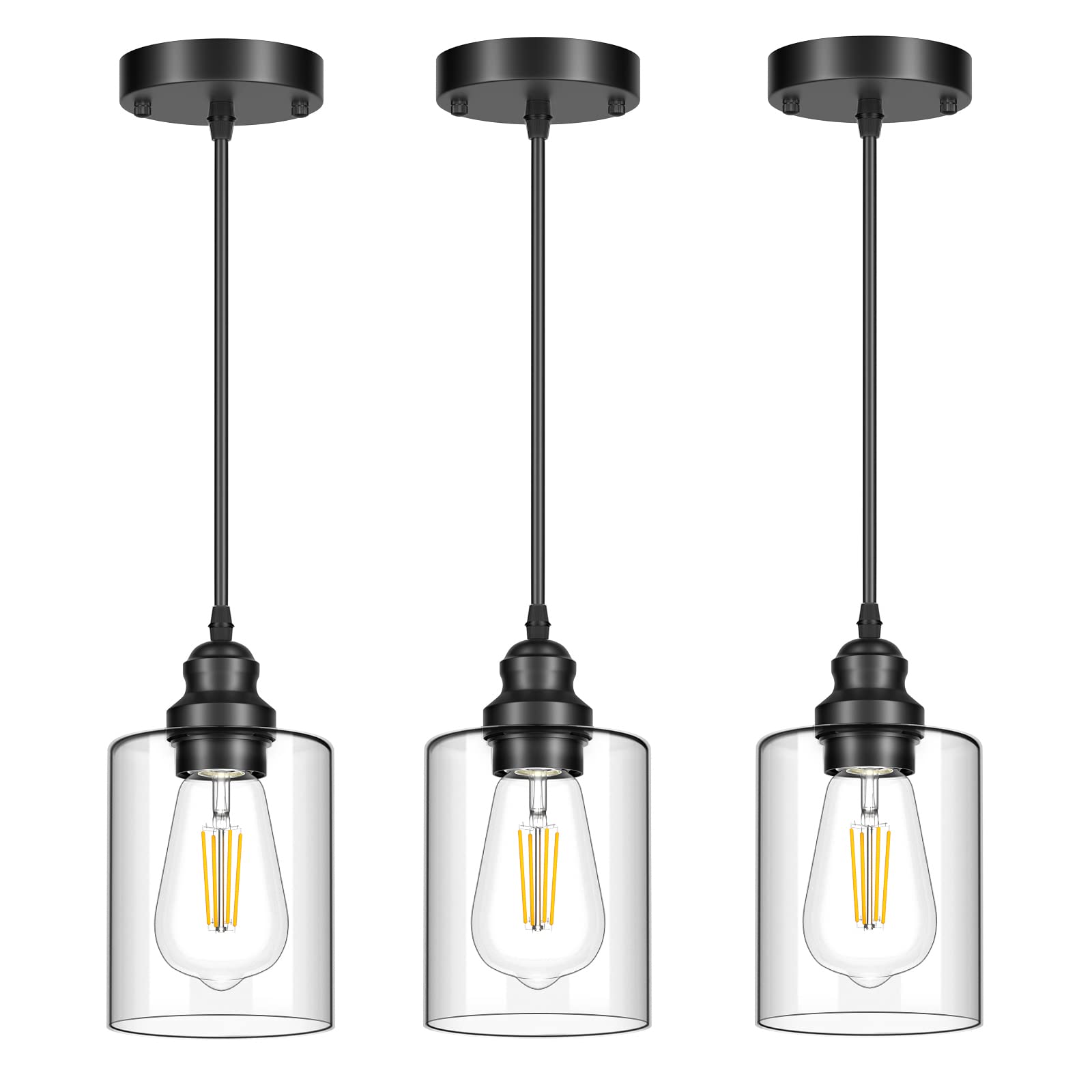 Licperron Hanging Pendant Lighting Fixtures, 3 Pack, Adjustable Black Ceiling Lamp with Clear Glass Shade, Model 3P-GlassPendant