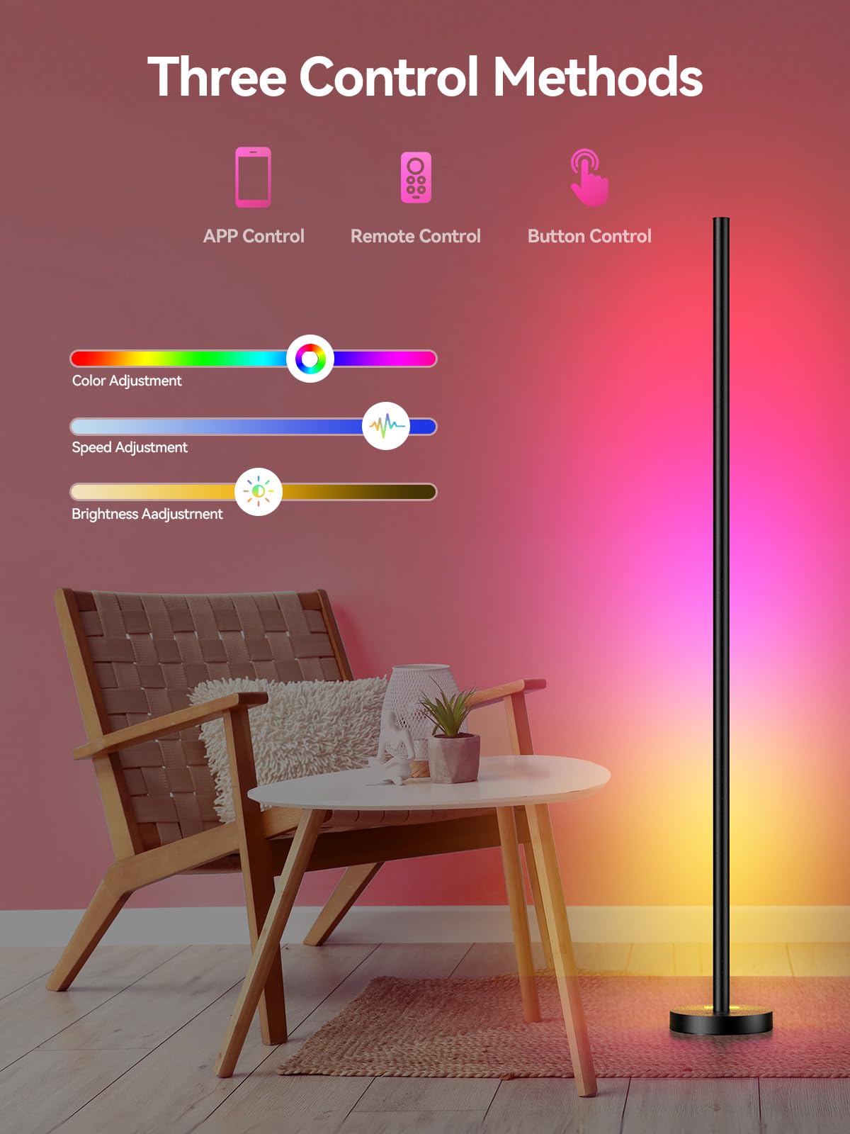 OIYN Smart RGBICW LED Corner Floor Lamp - 16M Colors, Music Sync, App & Remote, Black, 1 Pack, Model LZ-1201000B