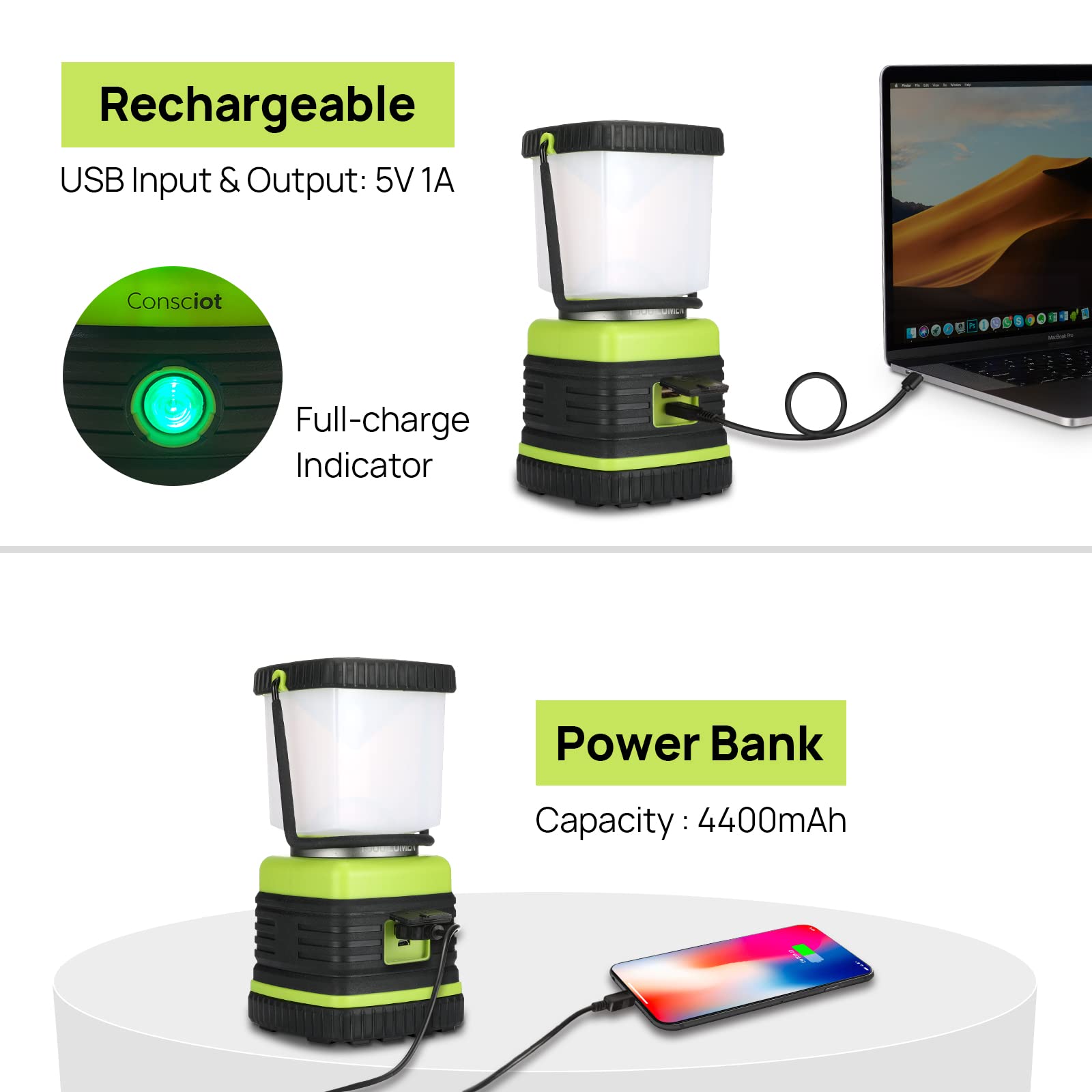 Consciot LED Camping Lantern - 1000LM, Rechargeable, IPX4 Waterproof, 4 Light Modes, Light Green, Model AOL002-US-V1