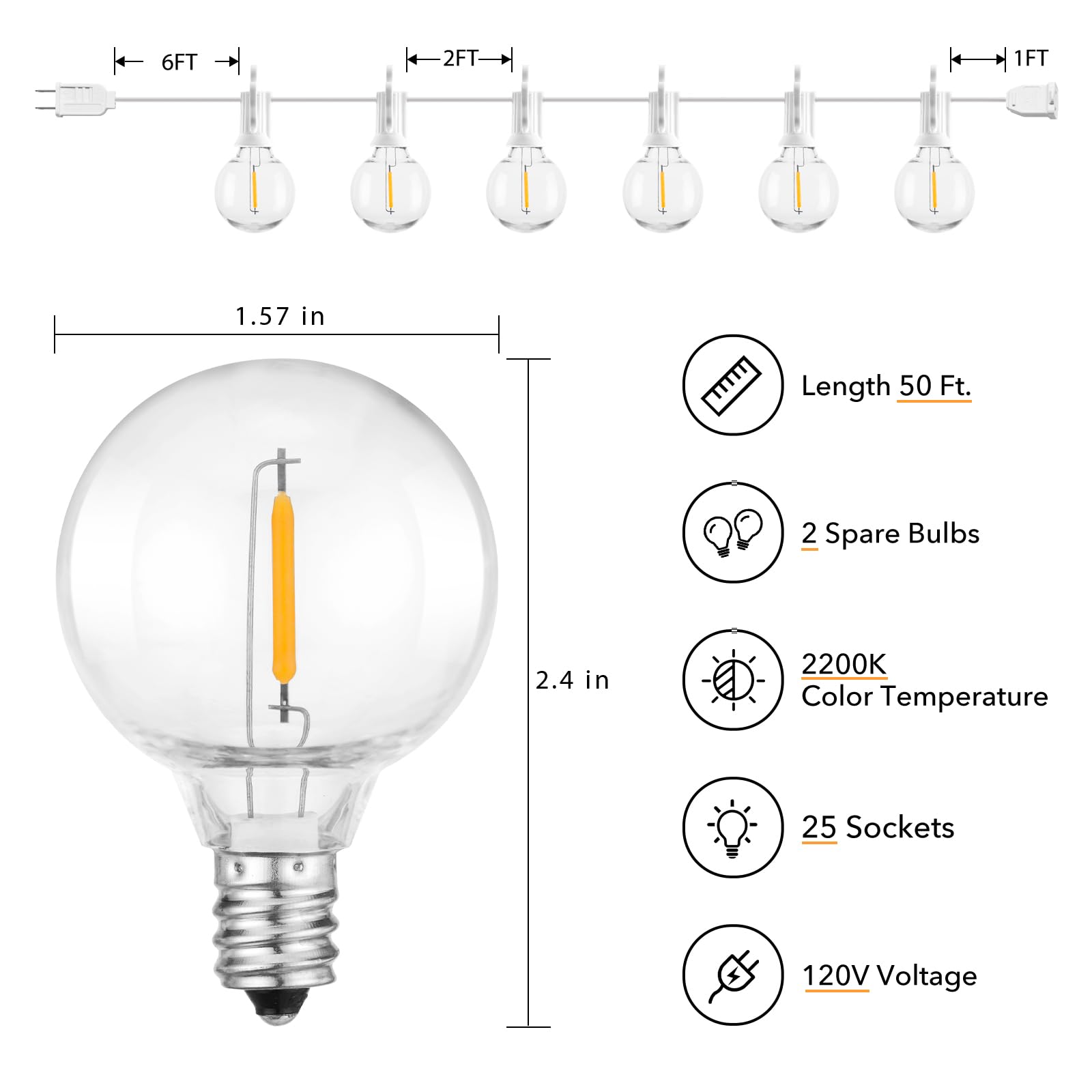 Brightown Outdoor String Lights - 50Ft Waterproof Led Globe Lights With 25 G40 Bulbs, All-Weather Patio Decor, White