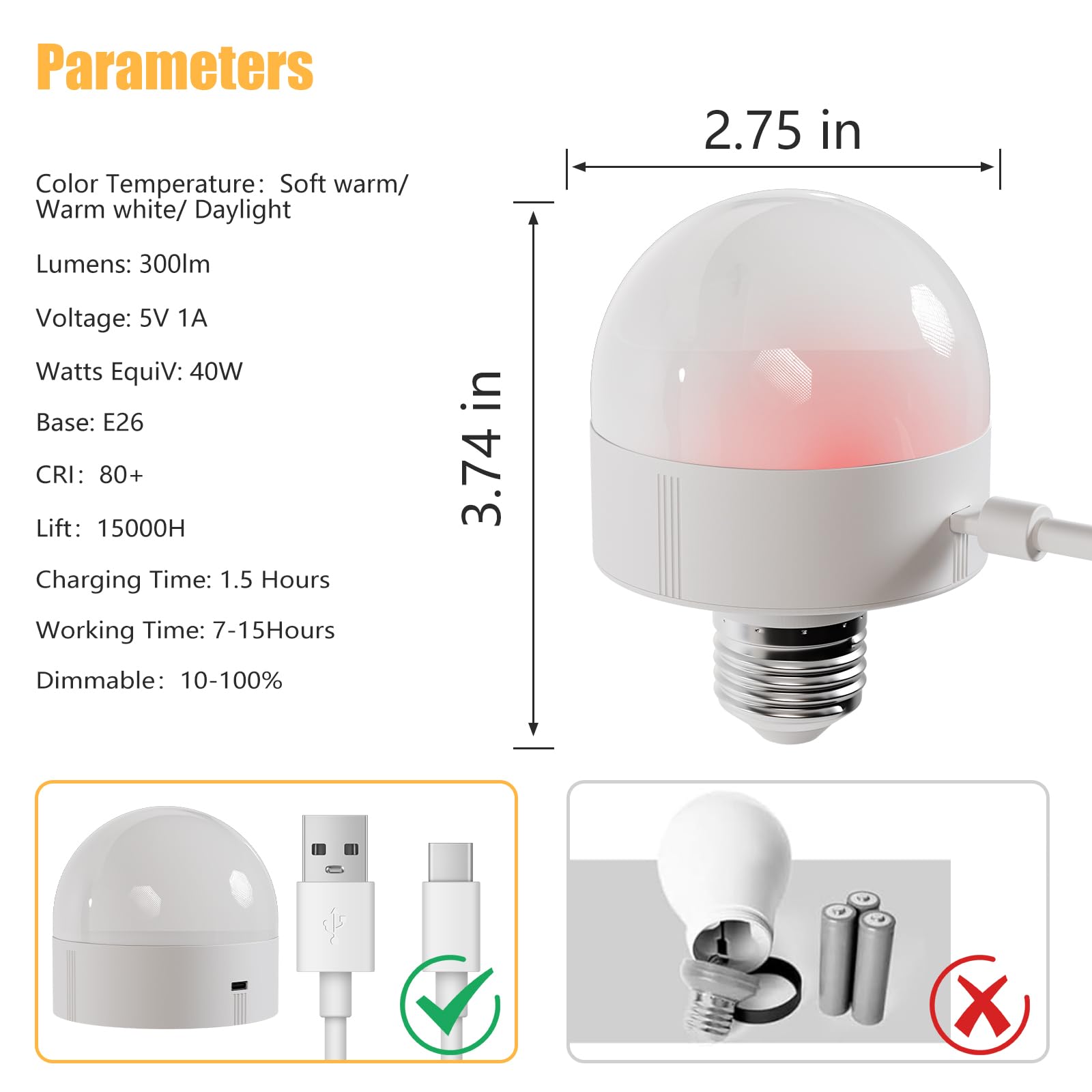 MXhme E26 Rechargeable Light Bulb with Remote & Timer, 3 Color Temps + 12 RGB, Battery Operated, Model RGBWW039, White