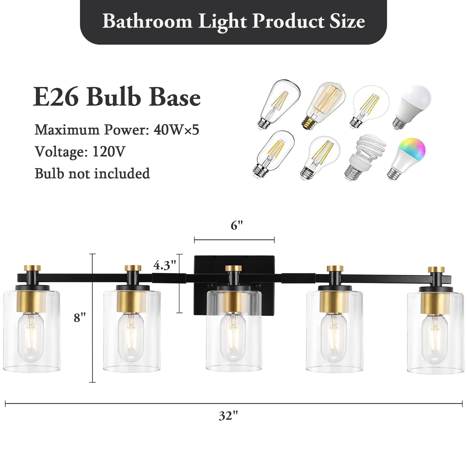 Jdvads 5 Light Bathroom Vanity Light Fixture, Black and Gold, Clear Glass Shade, Model VL001-5-BG