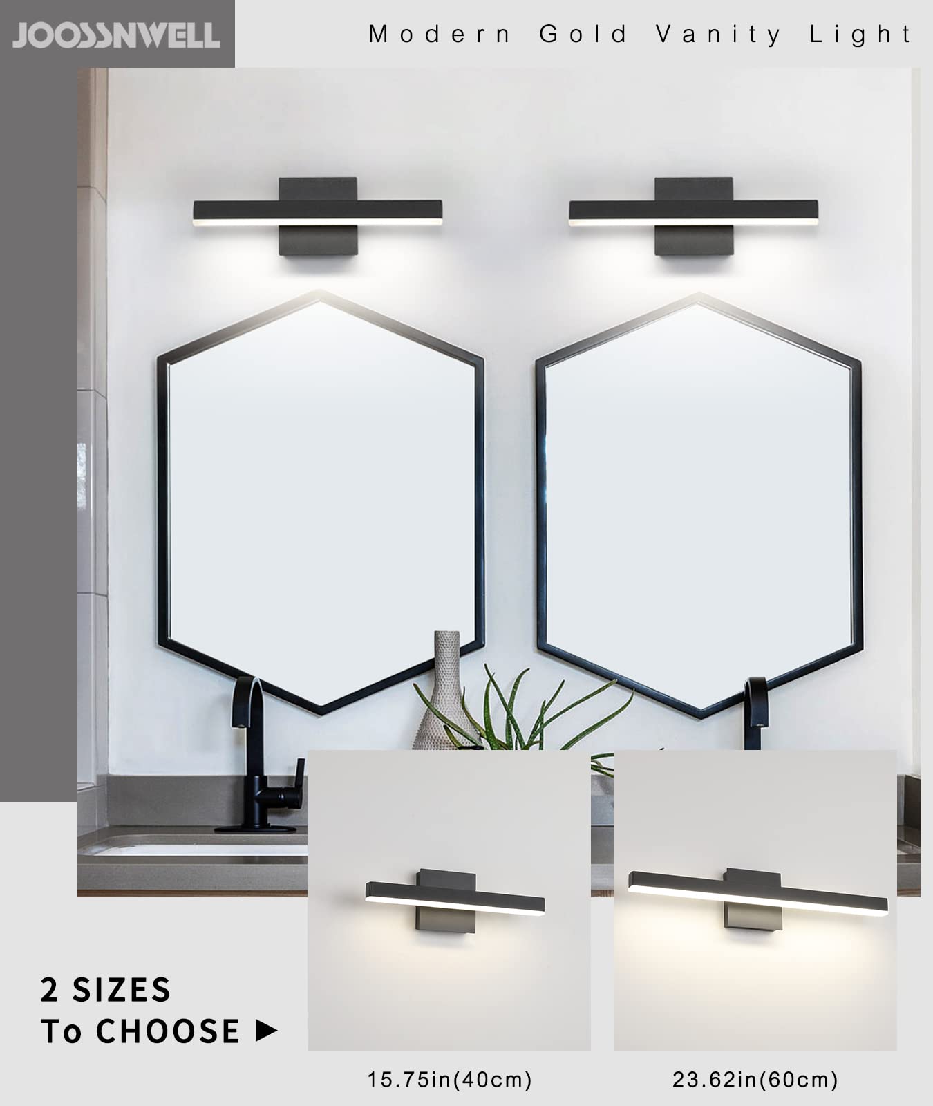 Joossnwell Led Bathroom Vanity Lighting Fixture Modern Bath Light Bar 15.75Inch Black Wall Sconce 12W 4000K