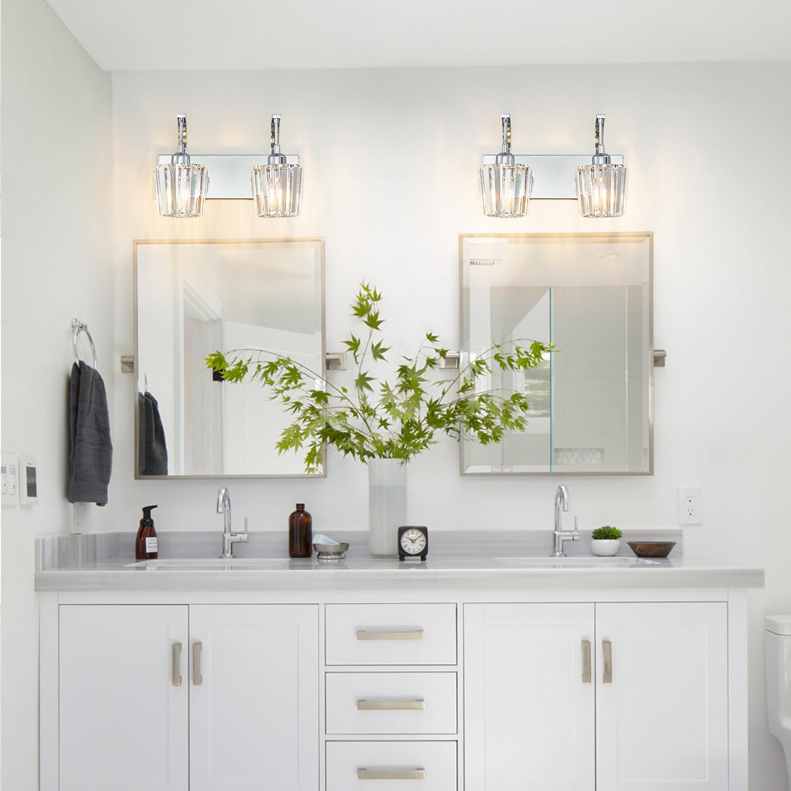 Fdpby Modern Bathroom Vanity Light  2-Light Chrome Wall Sconce With Crystal Accents  Over Mirror Bathroom Lighting Fixture  13.77 Long Dimmable Vanity Lamp For Makeup  Easy Installation