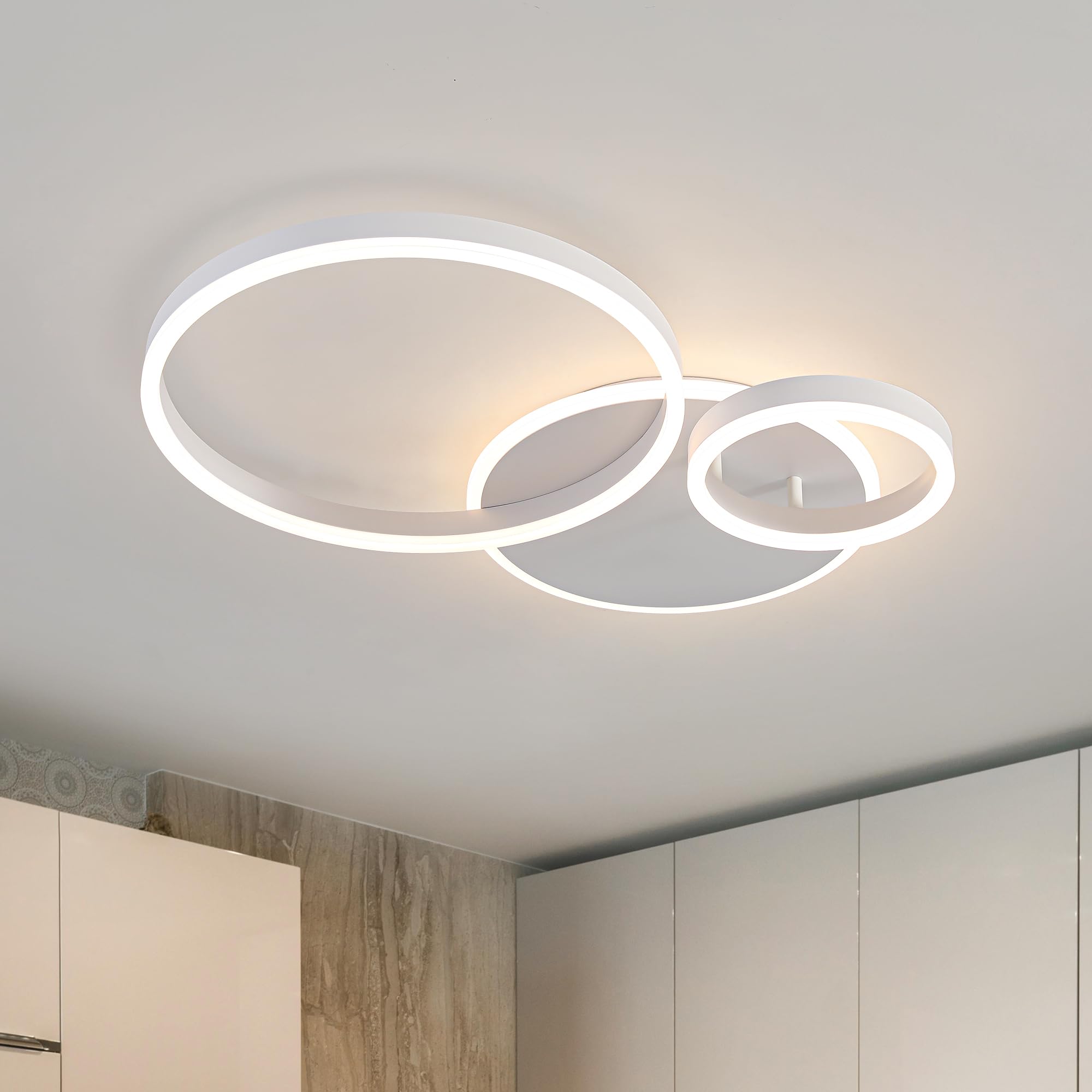 ONEELDY Modern Chandelier Lamp, Dimmable 3-Light LED Flush Mount, 25.59in White, Ideal for Small Room, Kitchen, Bedroom