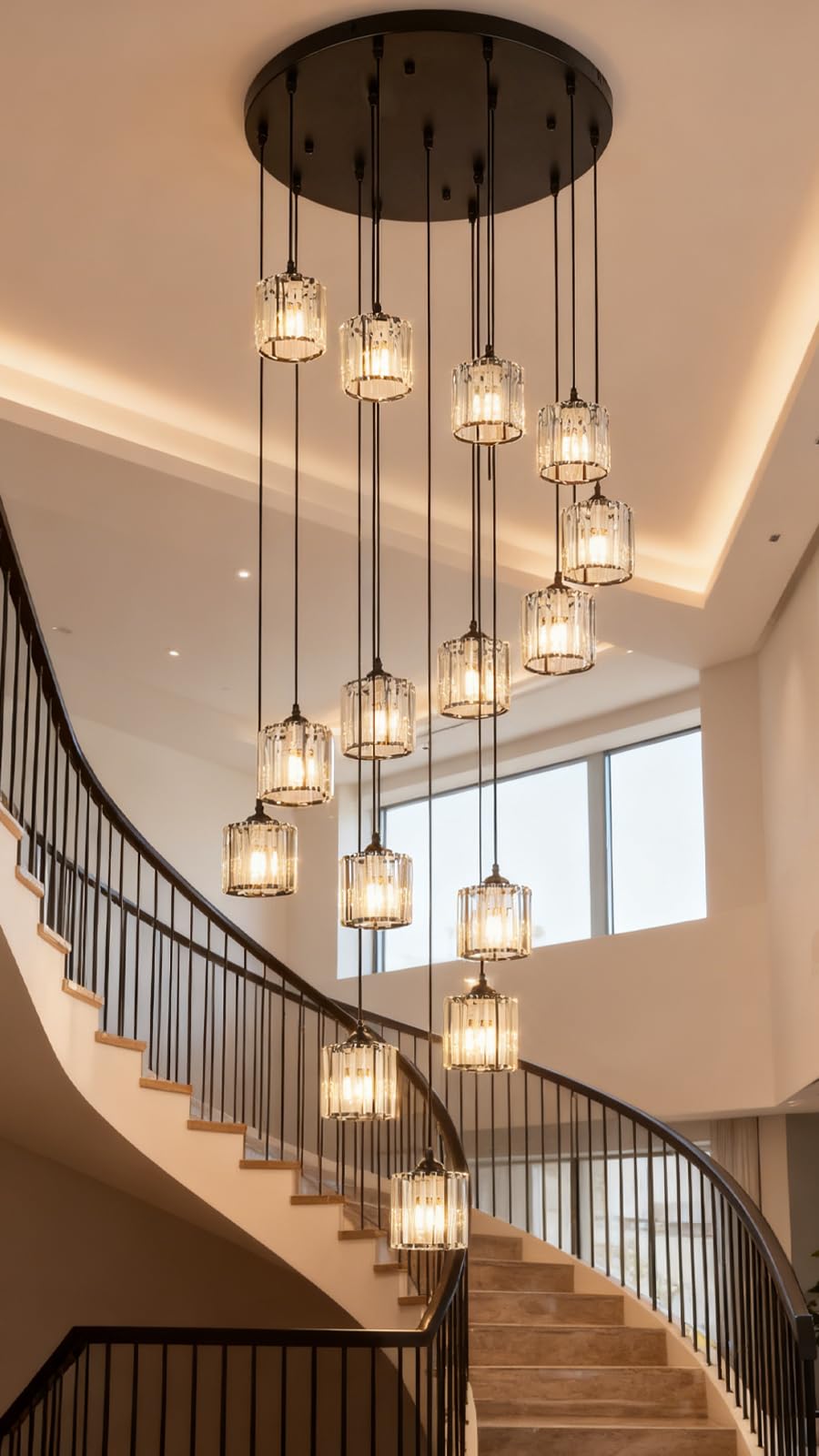 Meimond Modern Crystal Pendant Light, 15 Lights, Black Metal, Raindrop Design for High Ceilings, Foyer, Living Room, Model LTD-10