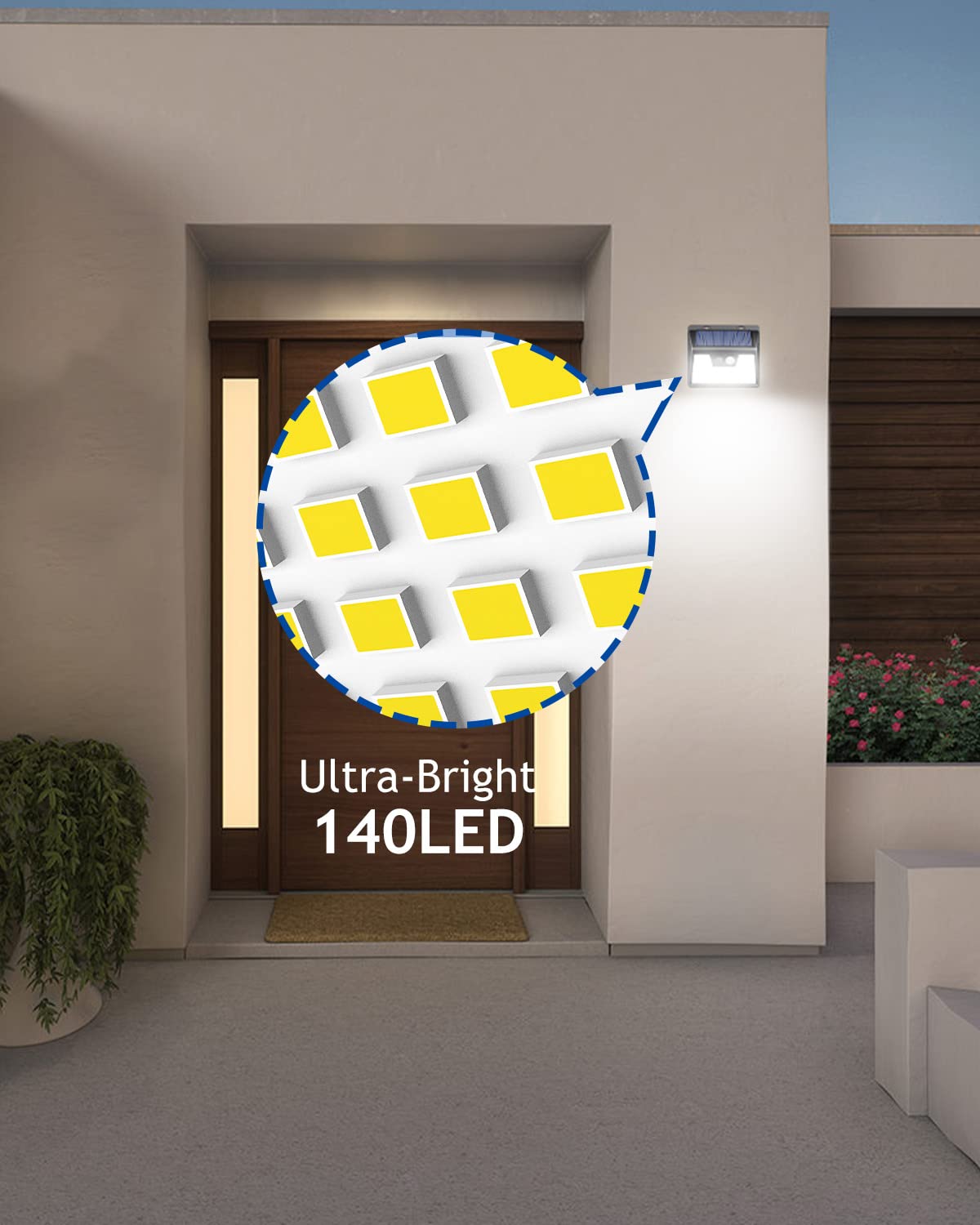 Peasur Solar Powered Motion Sensor Lights, 140 LED, IP65 Waterproof, 8 Pack, Black Frame, Model YHM-01B
