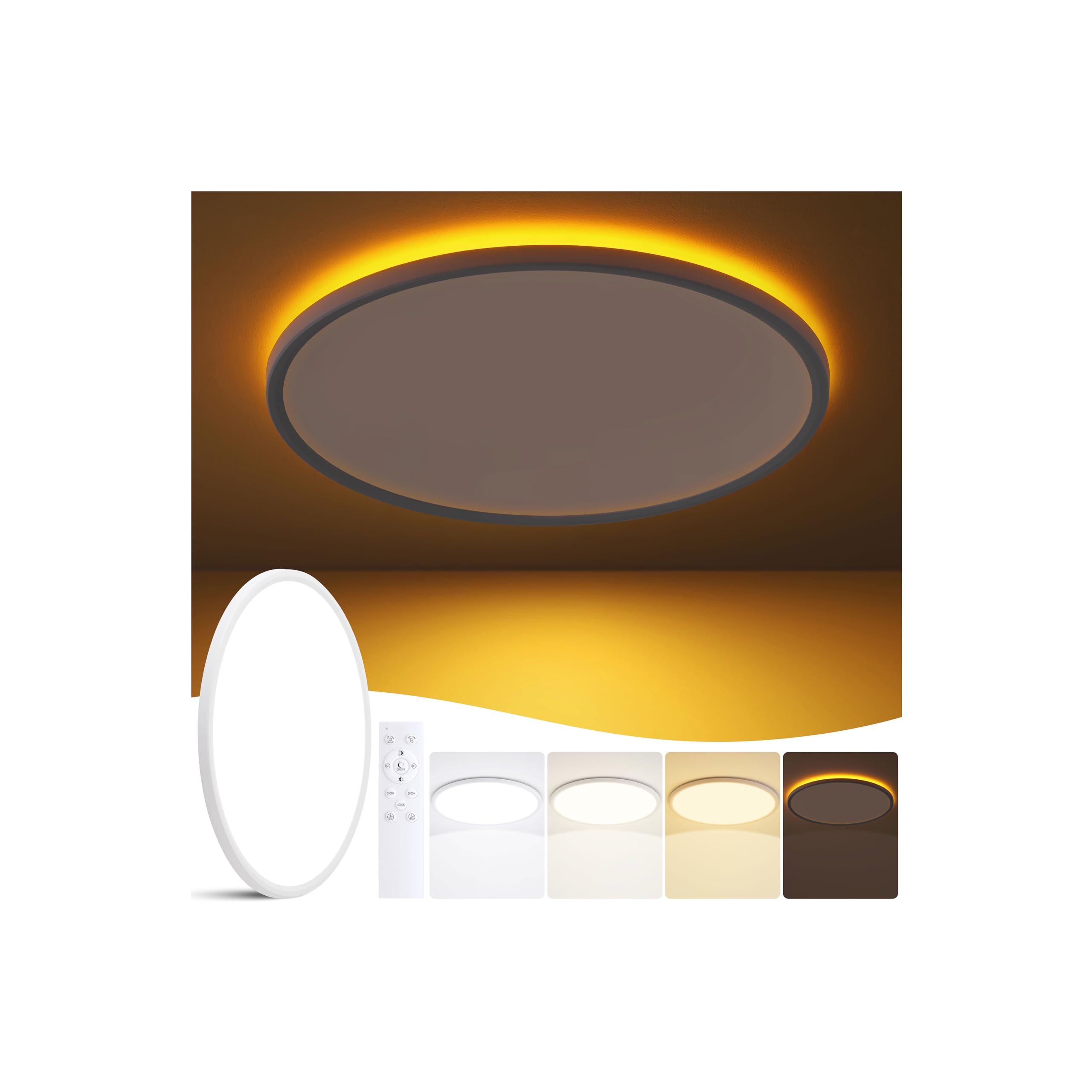 KIWIVIC 19 Inch Flush Mount Ceiling Light, Dimmable LED, 4500LM, Remote Control, 3000K/4000K/6500K, Slim Design,