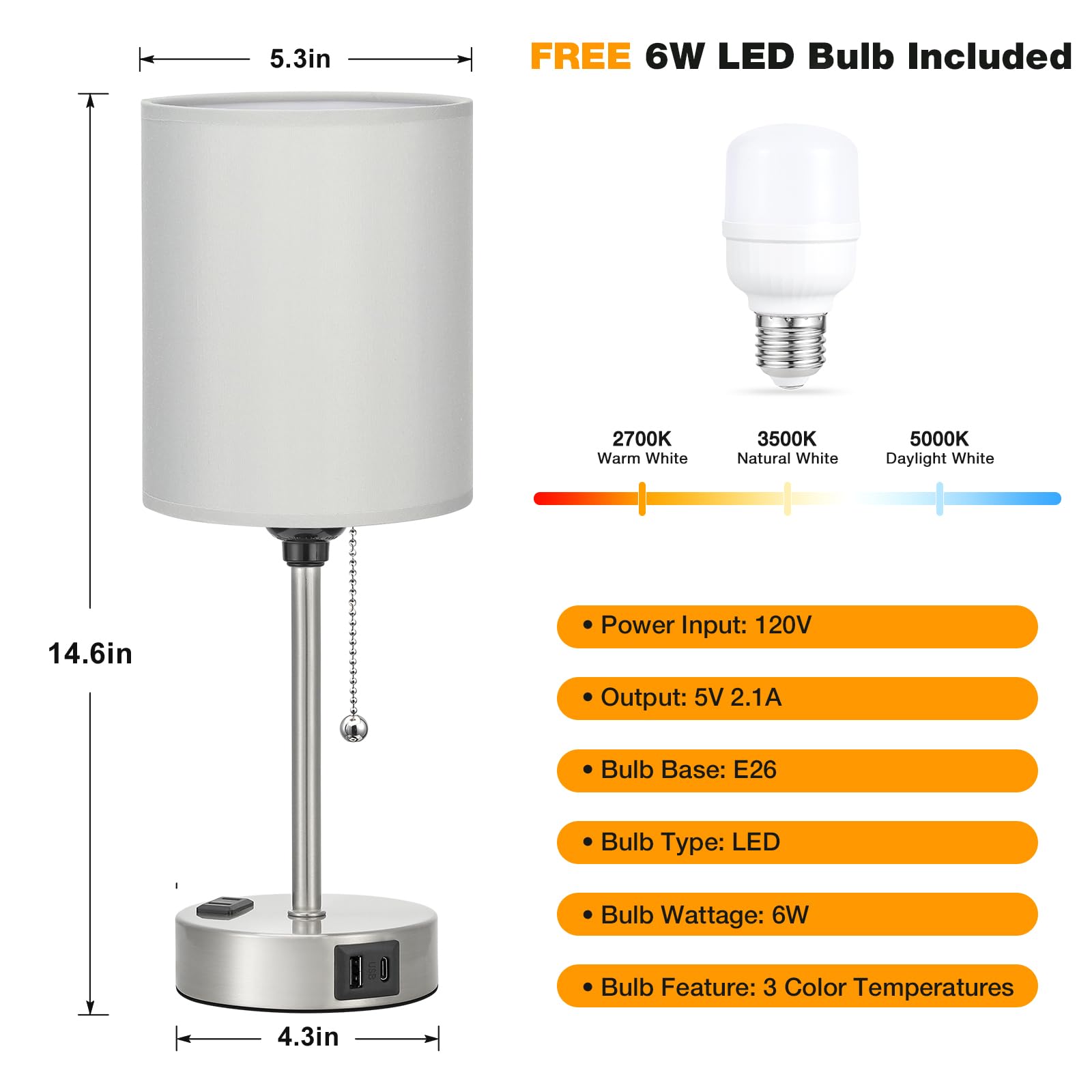 Dicoool Grey Bedroom Lamp - 3 Color Temperatures, USB C & A Ports, AC Outlet, 14.6in Metal Table Lamp, Model 15-10 for Kids Girls